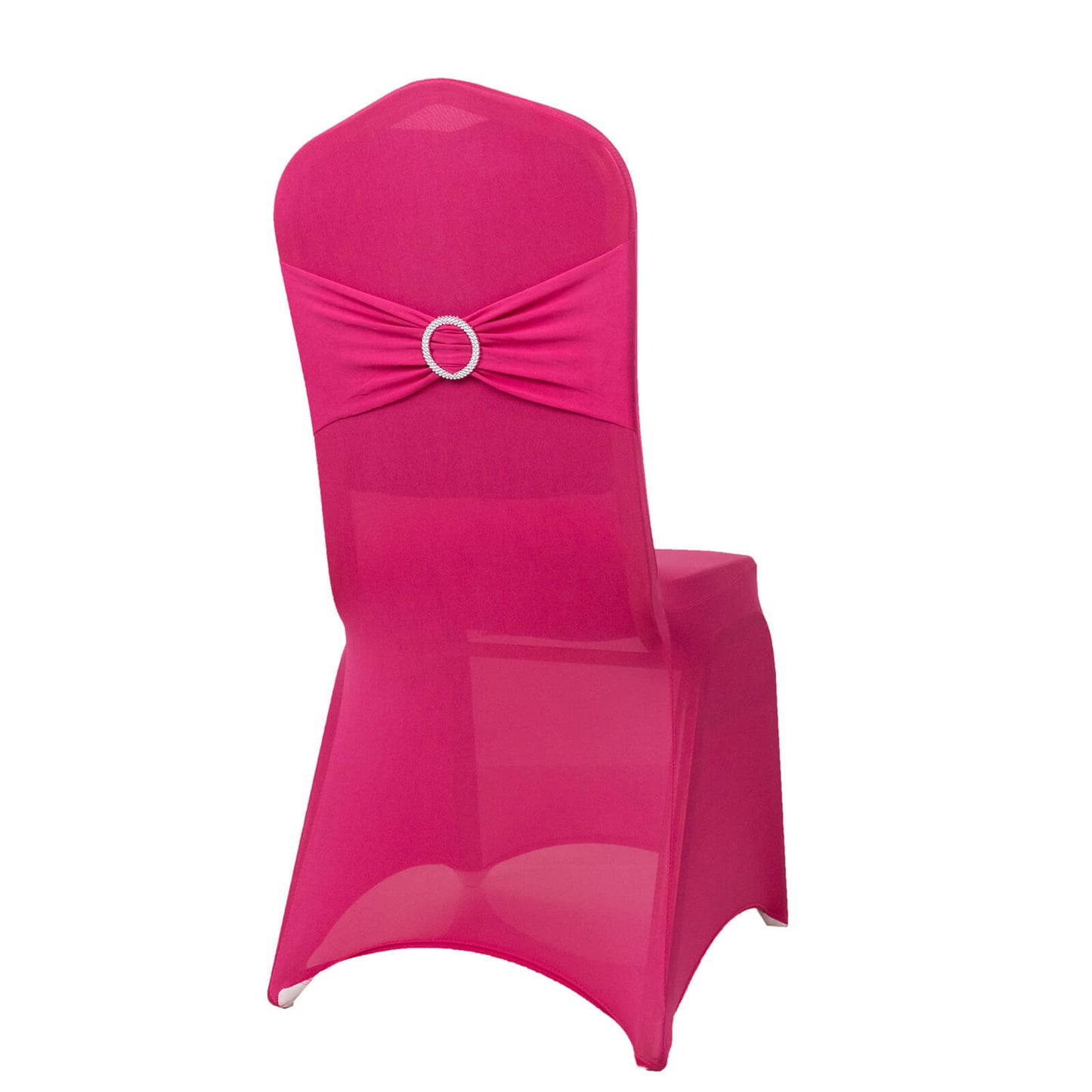 Fuchsia spandex banquet chair cover with silver rhinestone buckle. #whtbkgd