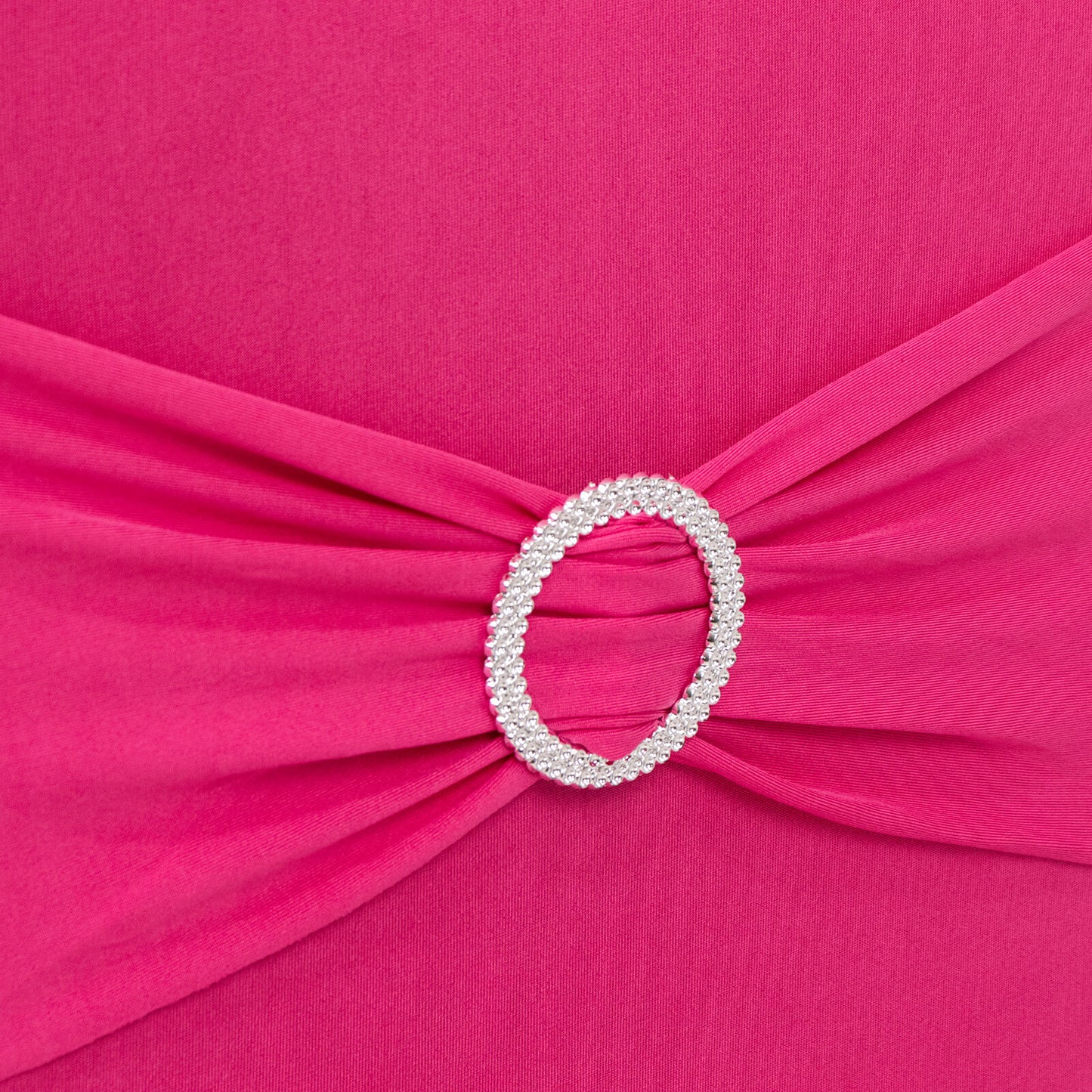 Fuchsia spandex banquet chair cover with silver rhinestone sash.