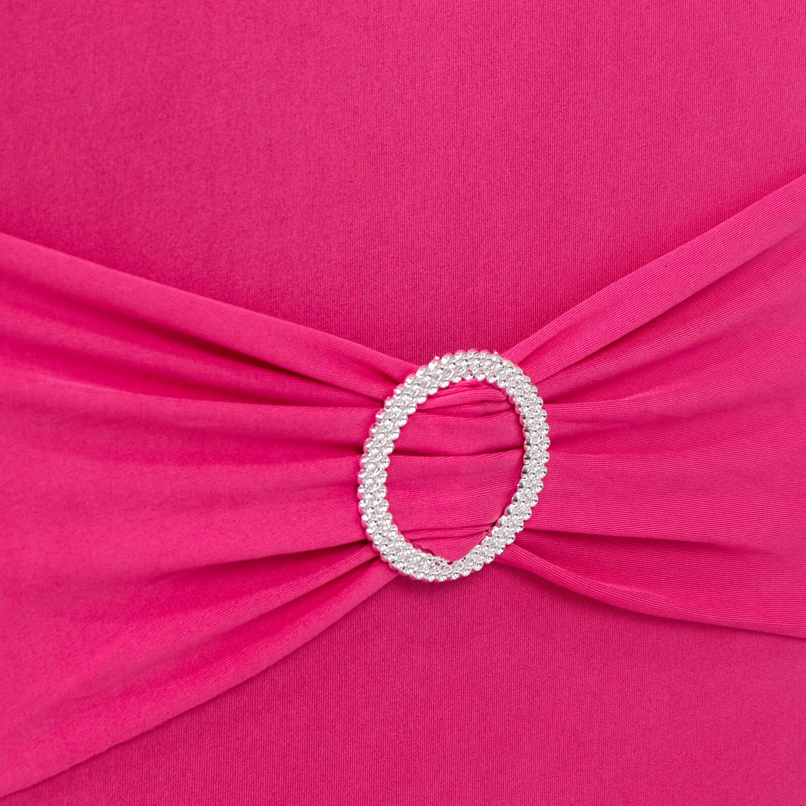 Fuchsia spandex banquet chair cover with silver rhinestone sash.