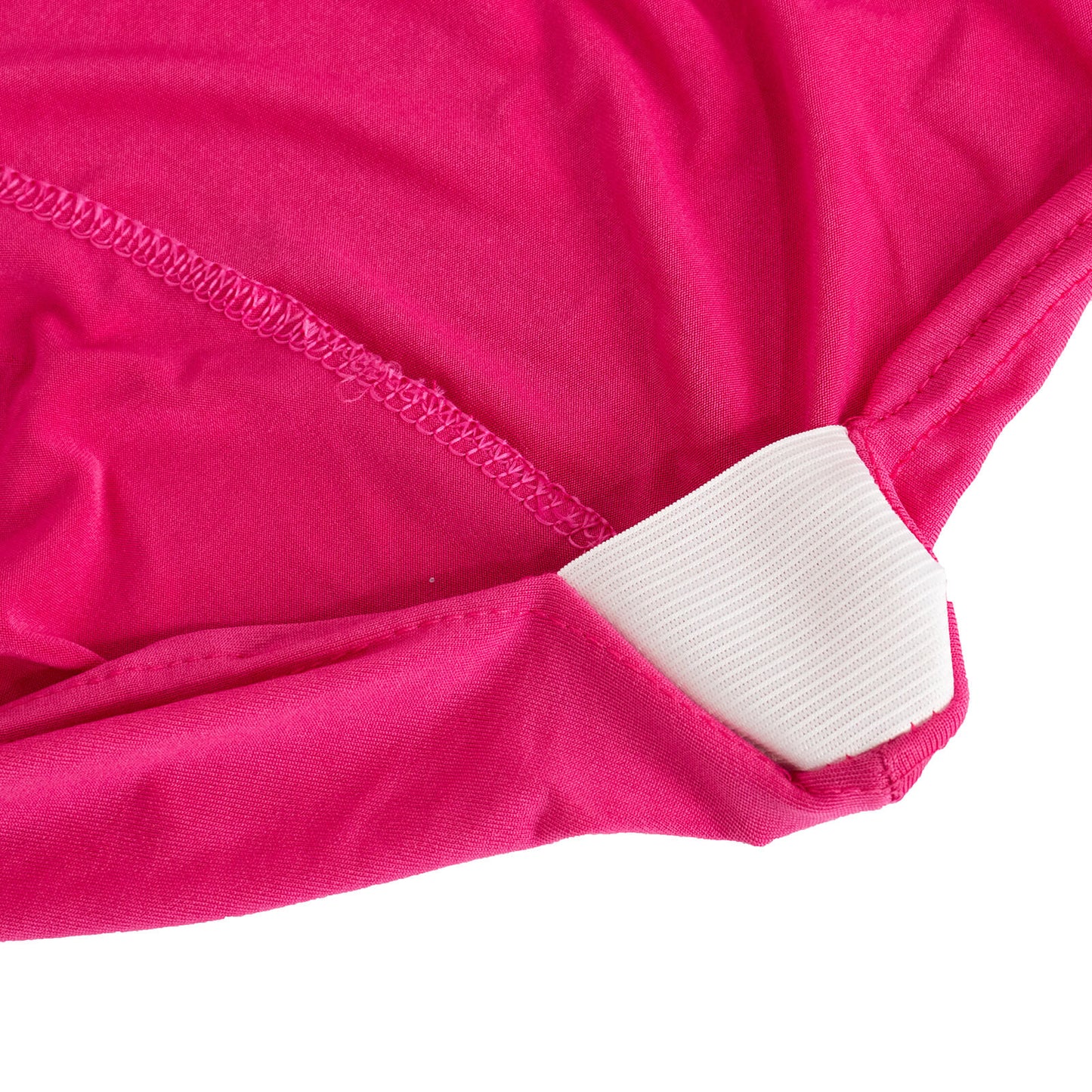 Fuchsia spandex banquet chair cover with silver rhinestone sash.