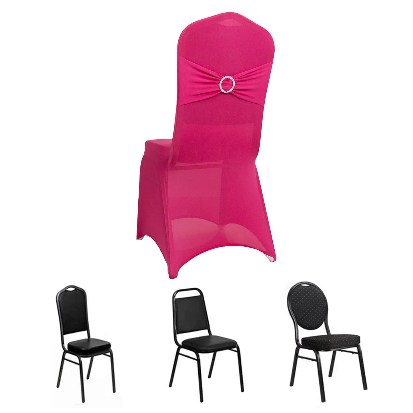 Fuchsia spandex banquet chair cover with rhinestone buckle sash.