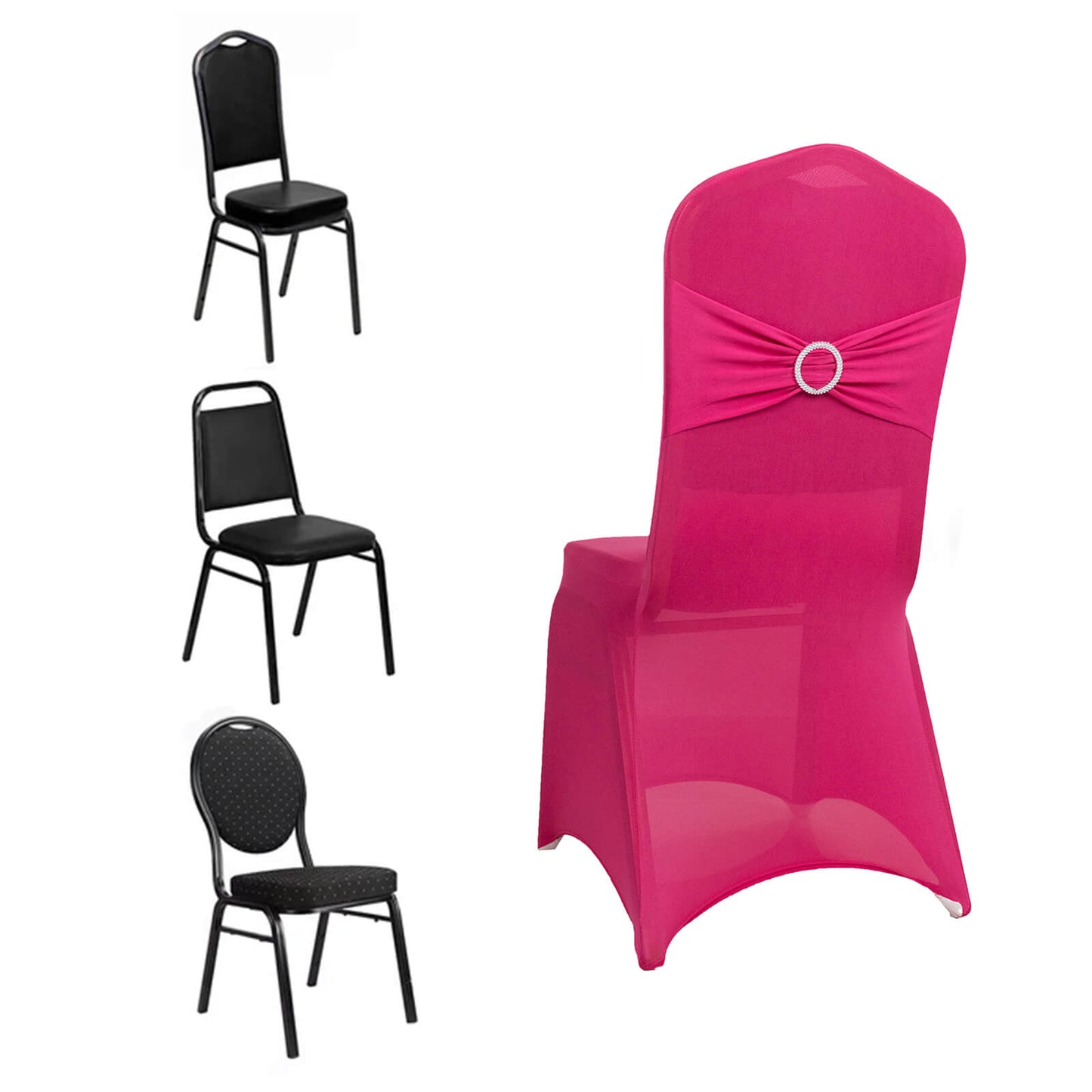 Fuchsia spandex banquet chair cover with silver rhinestone sash.