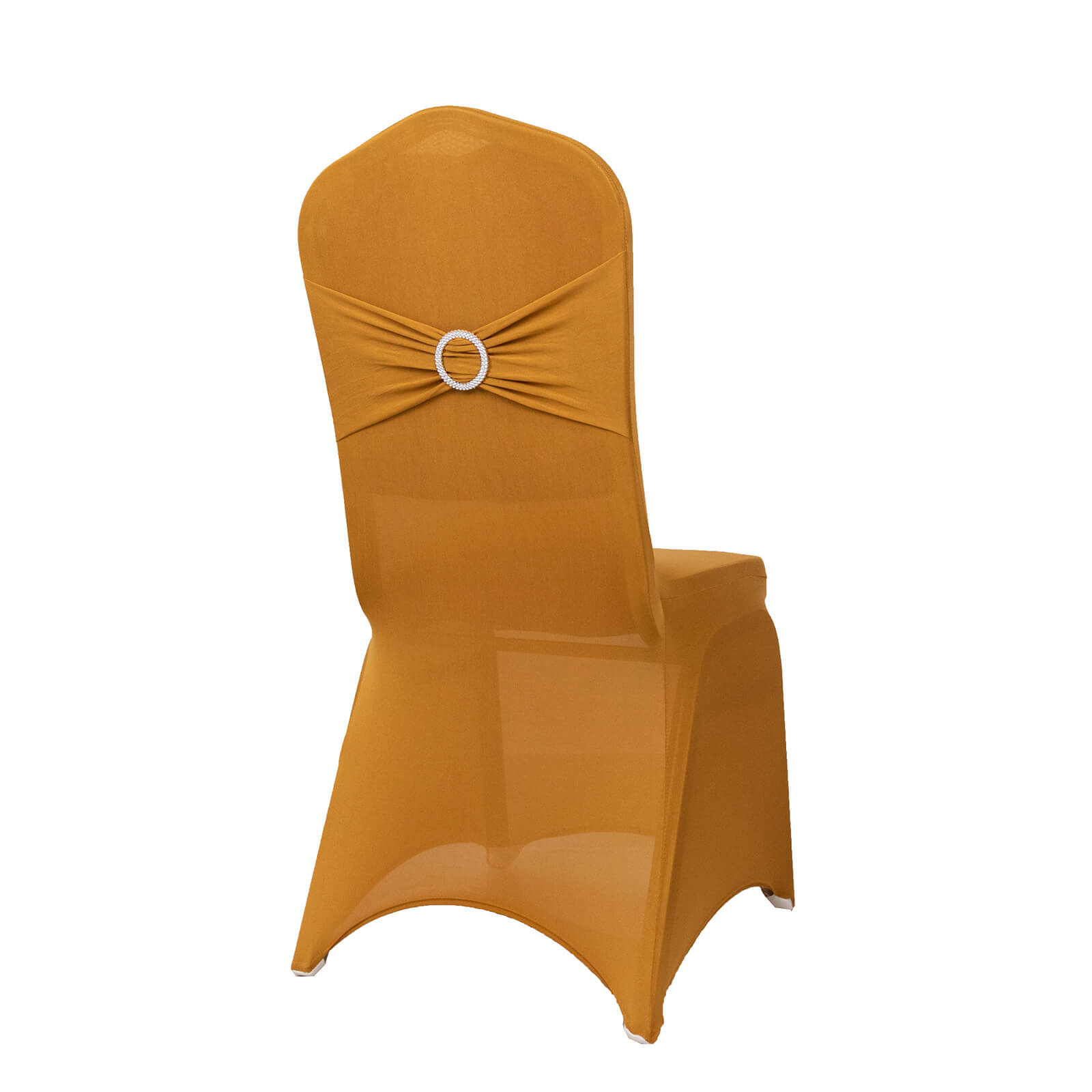 Gold spandex banquet chair cover with silver rhinestone sash. #whtbkgd