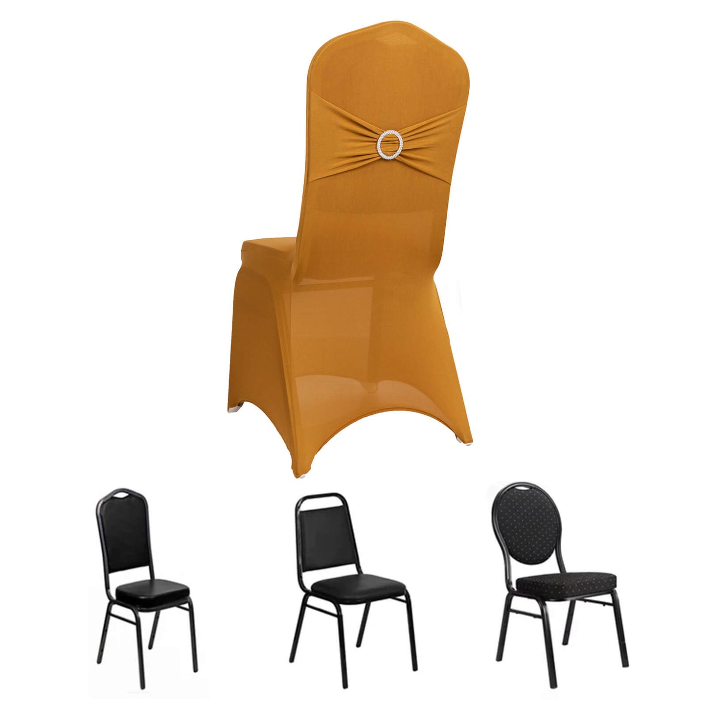 Gold spandex banquet chair cover with silver rhinestone buckle.