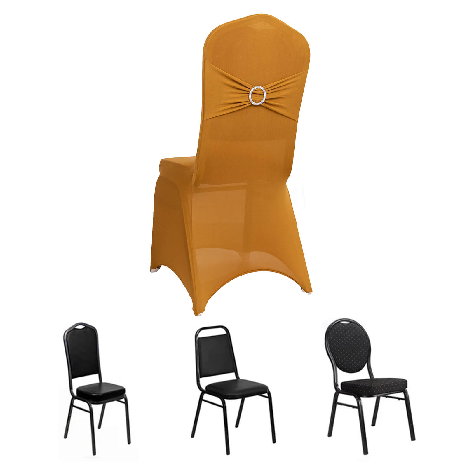 Gold spandex banquet chair cover with silver rhinestone buckle.