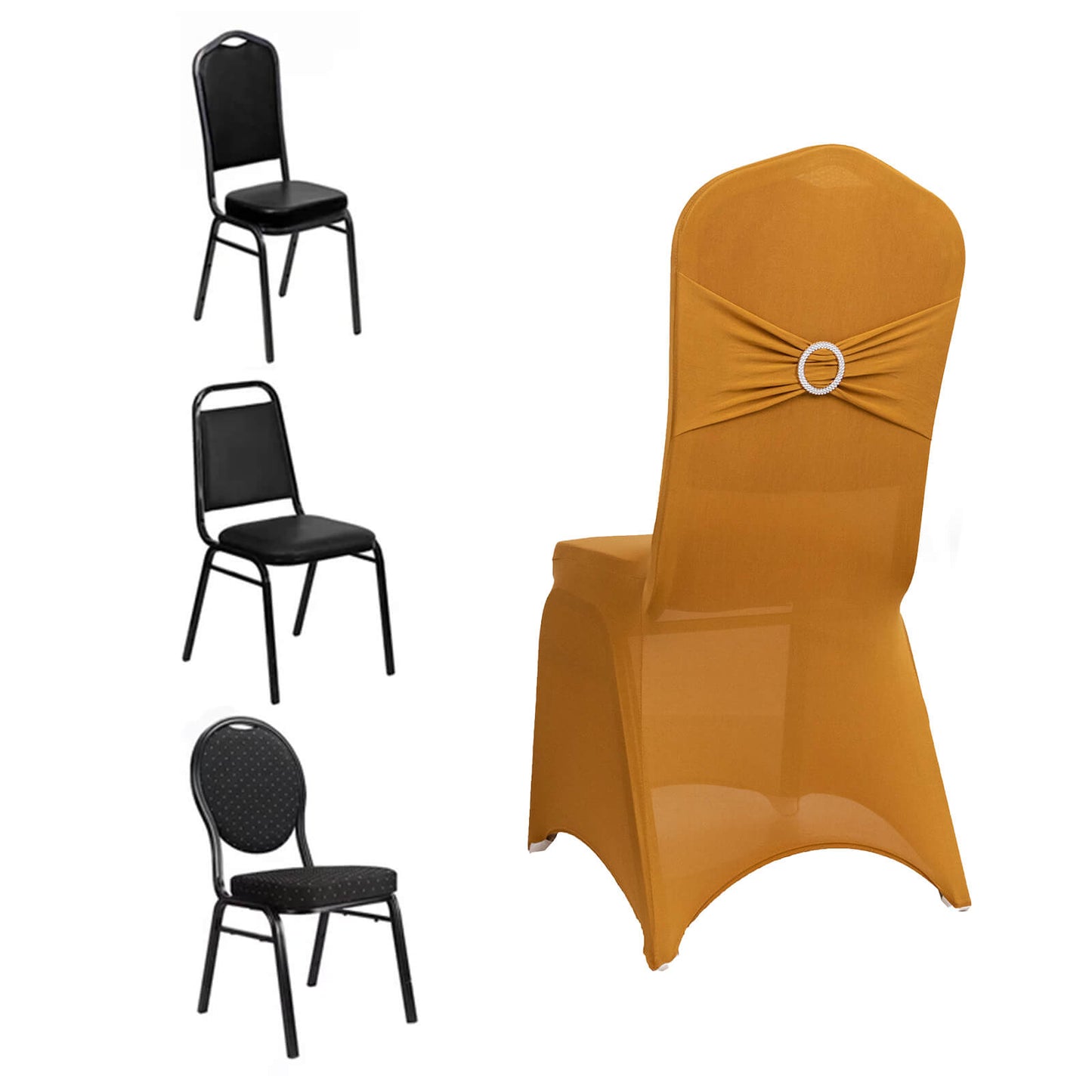 Gold spandex banquet chair cover with silver rhinestone sash.