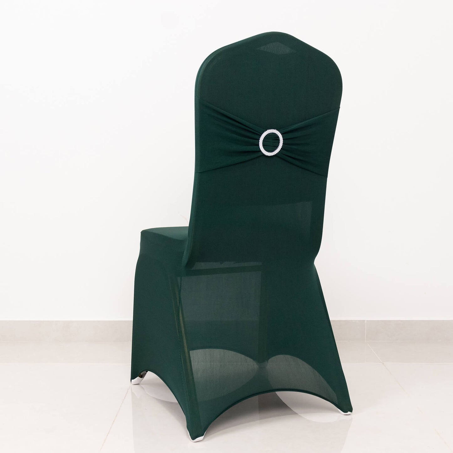 Hunter Emerald Green Spandex Banquet Chair Cover with Silver Rhinestone Buckled Sash Band, Stretched Fitted Slip On Chair Cover