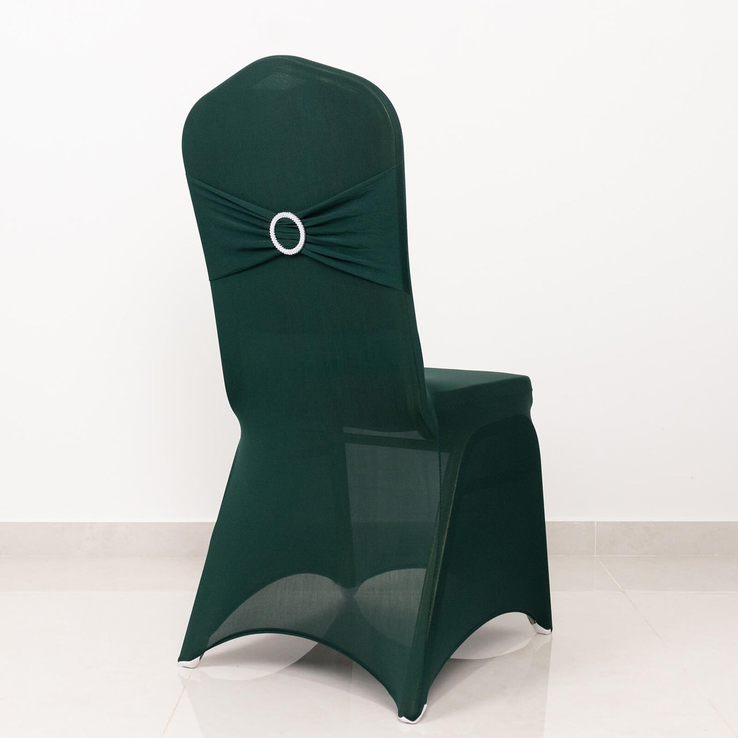 Hunter Emerald Green Spandex Banquet Chair Cover with Silver Rhinestone Buckled Sash Band, Stretched Fitted Slip On Chair Cover