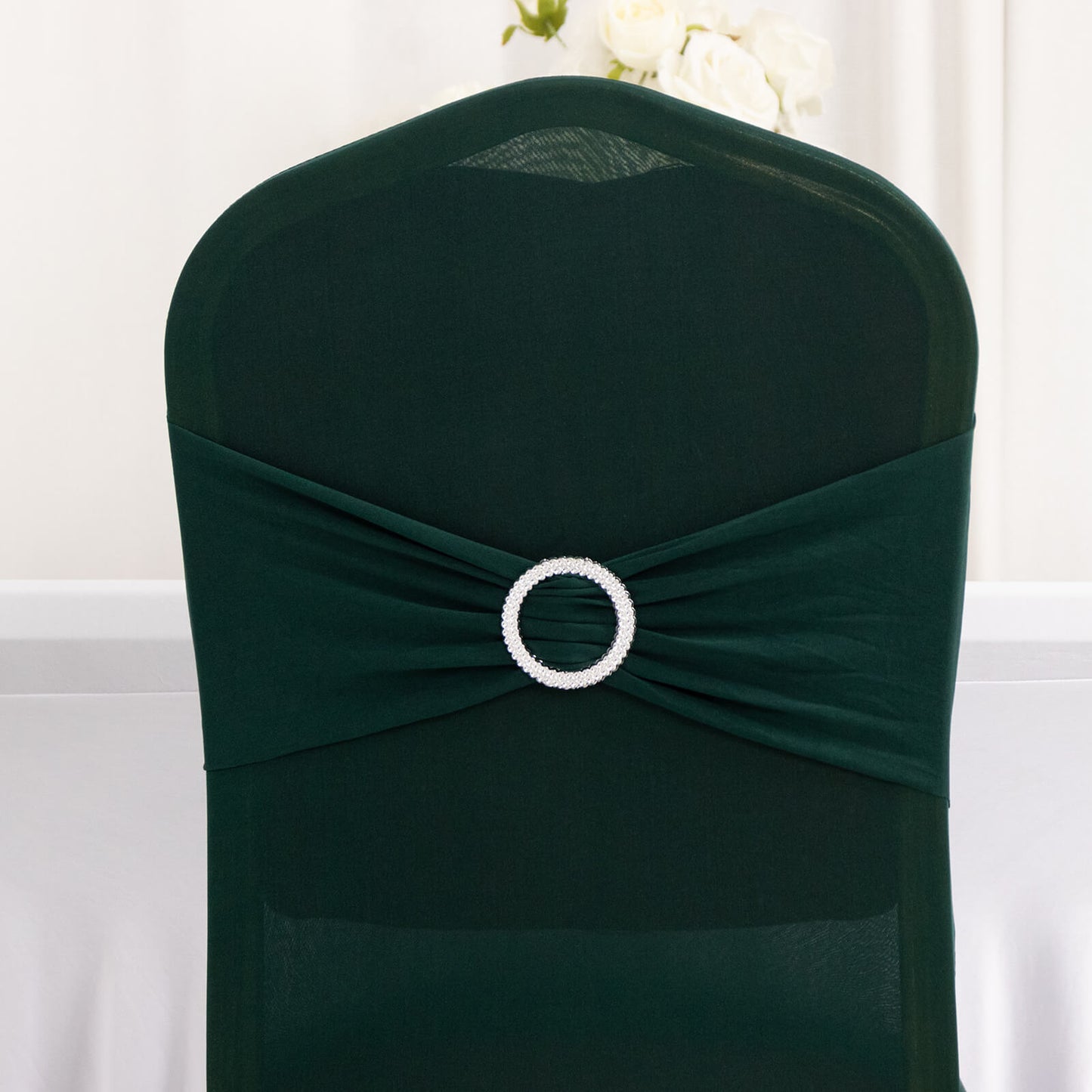 Hunter Emerald Green Spandex Banquet Chair Cover with Silver Rhinestone Buckled Sash Band, Stretched Fitted Slip On Chair Cover