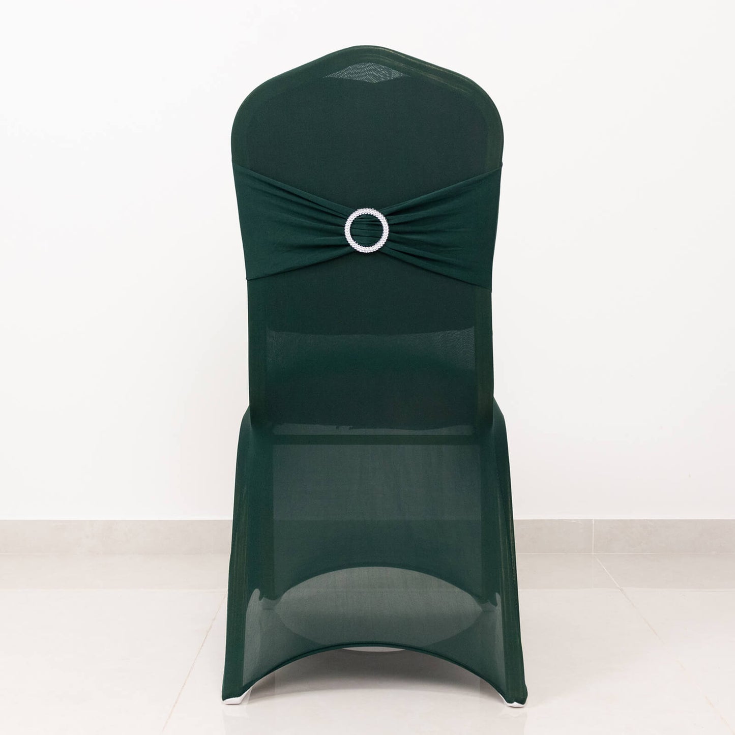 Hunter Emerald Green Spandex Banquet Chair Cover with Silver Rhinestone Buckled Sash Band, Stretched Fitted Slip On Chair Cover