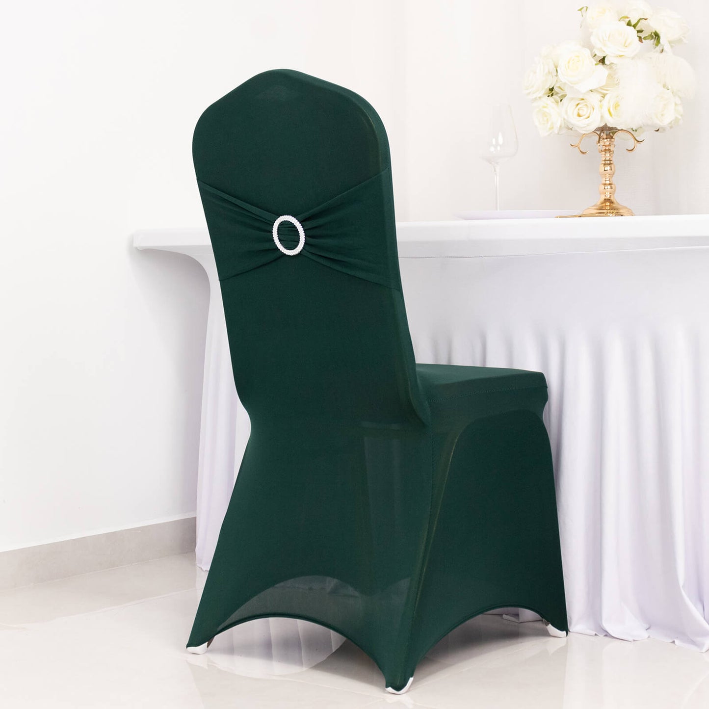 Hunter Emerald Green Spandex Banquet Chair Cover with Silver Rhinestone Buckled Sash Band, Stretched Fitted Slip On Chair Cover