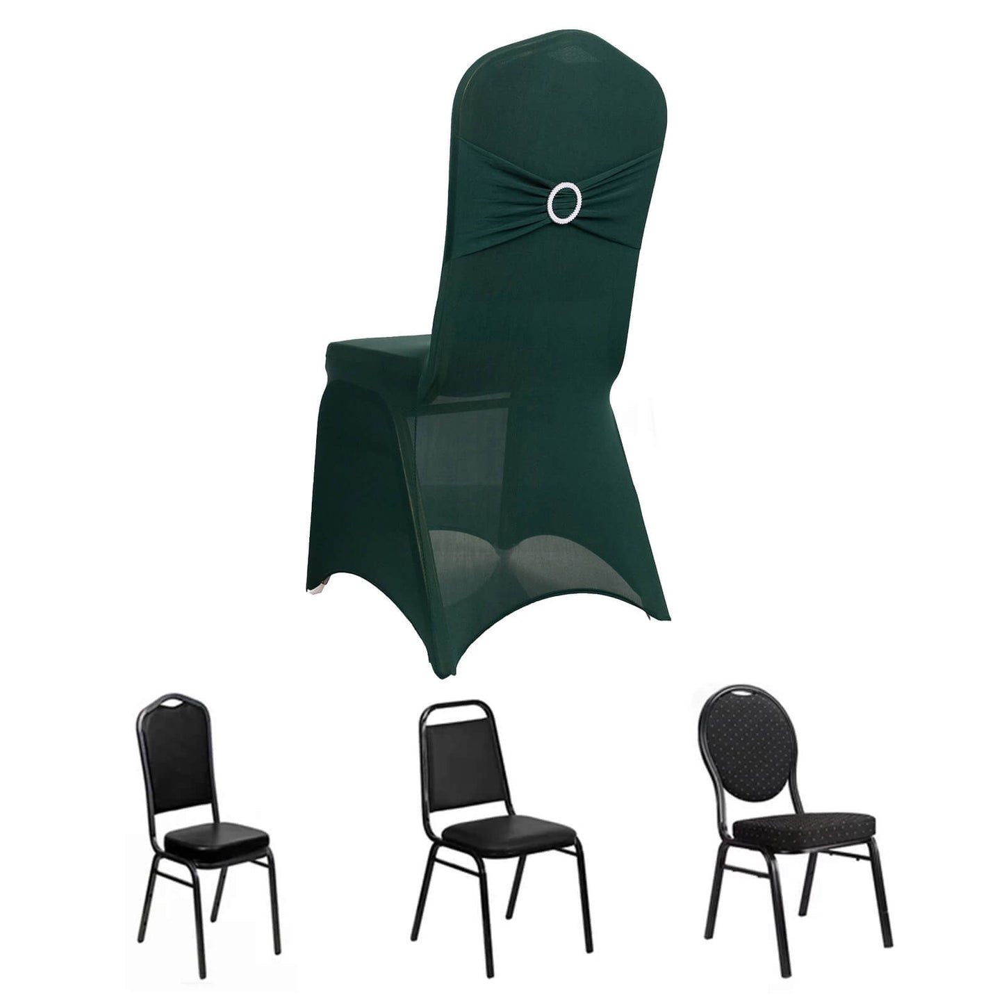 Hunter Emerald Green Spandex Banquet Chair Cover with Silver Rhinestone Buckled Sash Band, Stretched Fitted Slip On Chair Cover