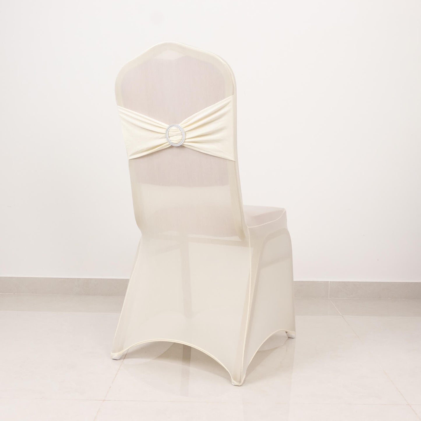 Ivory Spandex Banquet Chair Cover with Silver Rhinestone Buckled Sash Band, Stretched Fitted Slip On Chair Cover