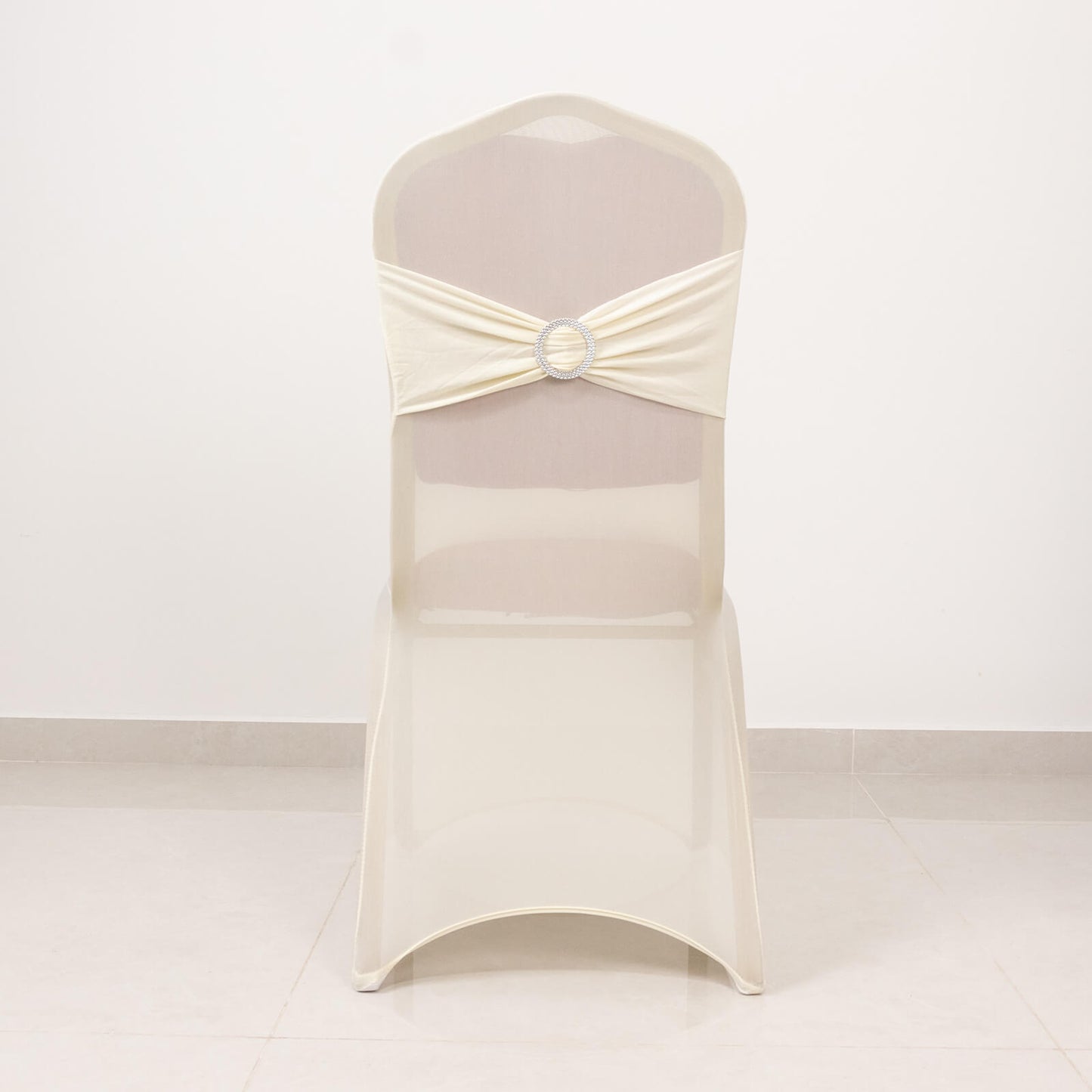 Ivory Spandex Banquet Chair Cover with Silver Rhinestone Buckled Sash Band, Stretched Fitted Slip On Chair Cover