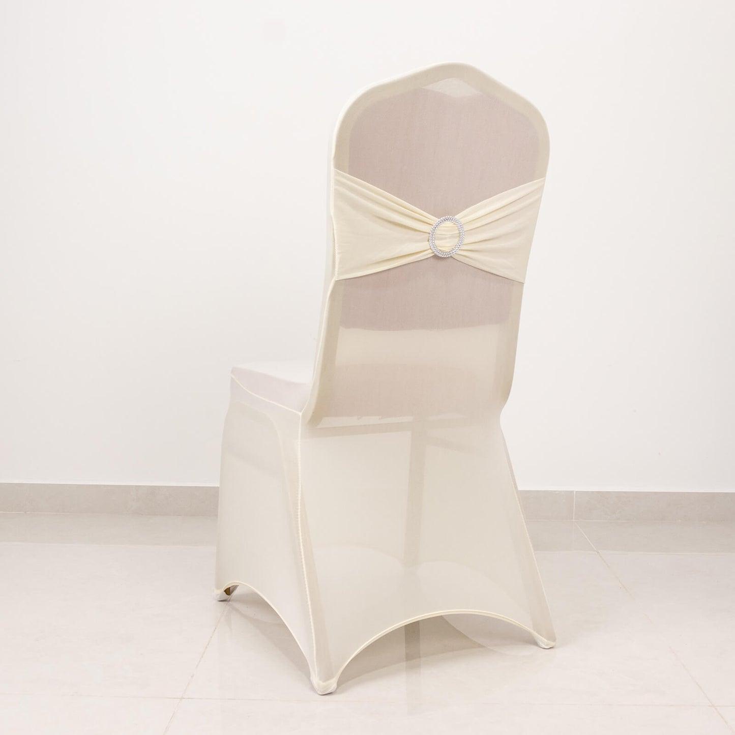 Ivory Spandex Banquet Chair Cover with Silver Rhinestone Buckled Sash Band, Stretched Fitted Slip On Chair Cover