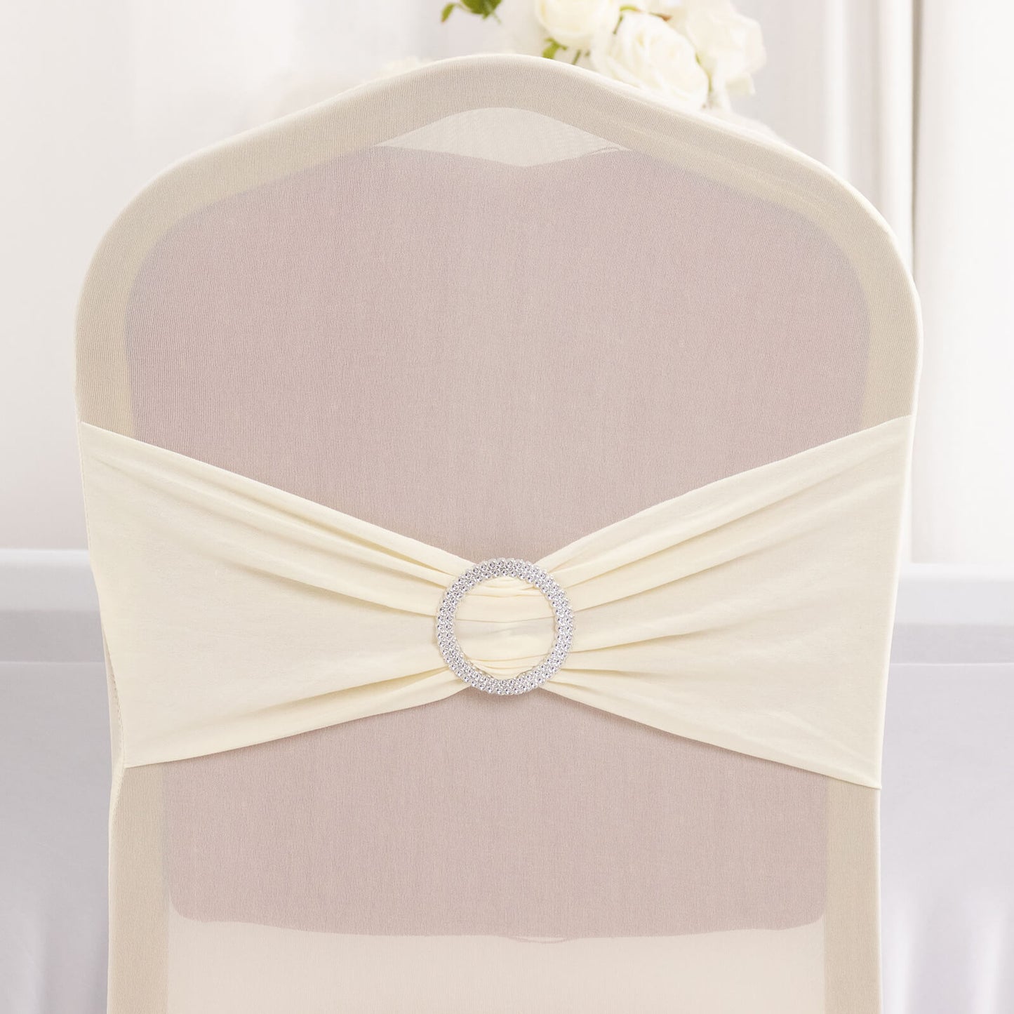 Ivory Spandex Banquet Chair Cover with Silver Rhinestone Buckled Sash Band, Stretched Fitted Slip On Chair Cover