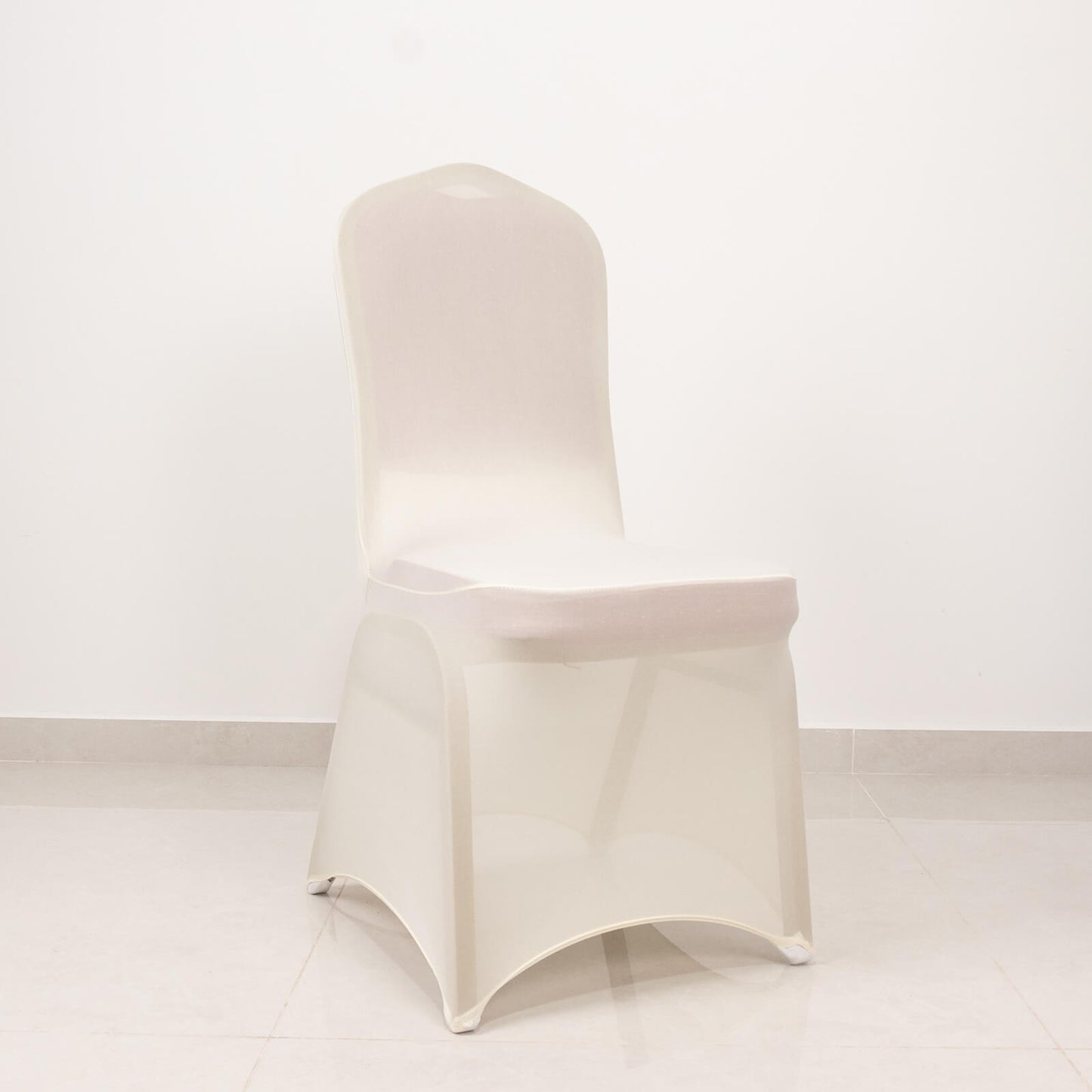 Ivory Spandex Banquet Chair Cover with Silver Rhinestone Buckled Sash Band, Stretched Fitted Slip On Chair Cover