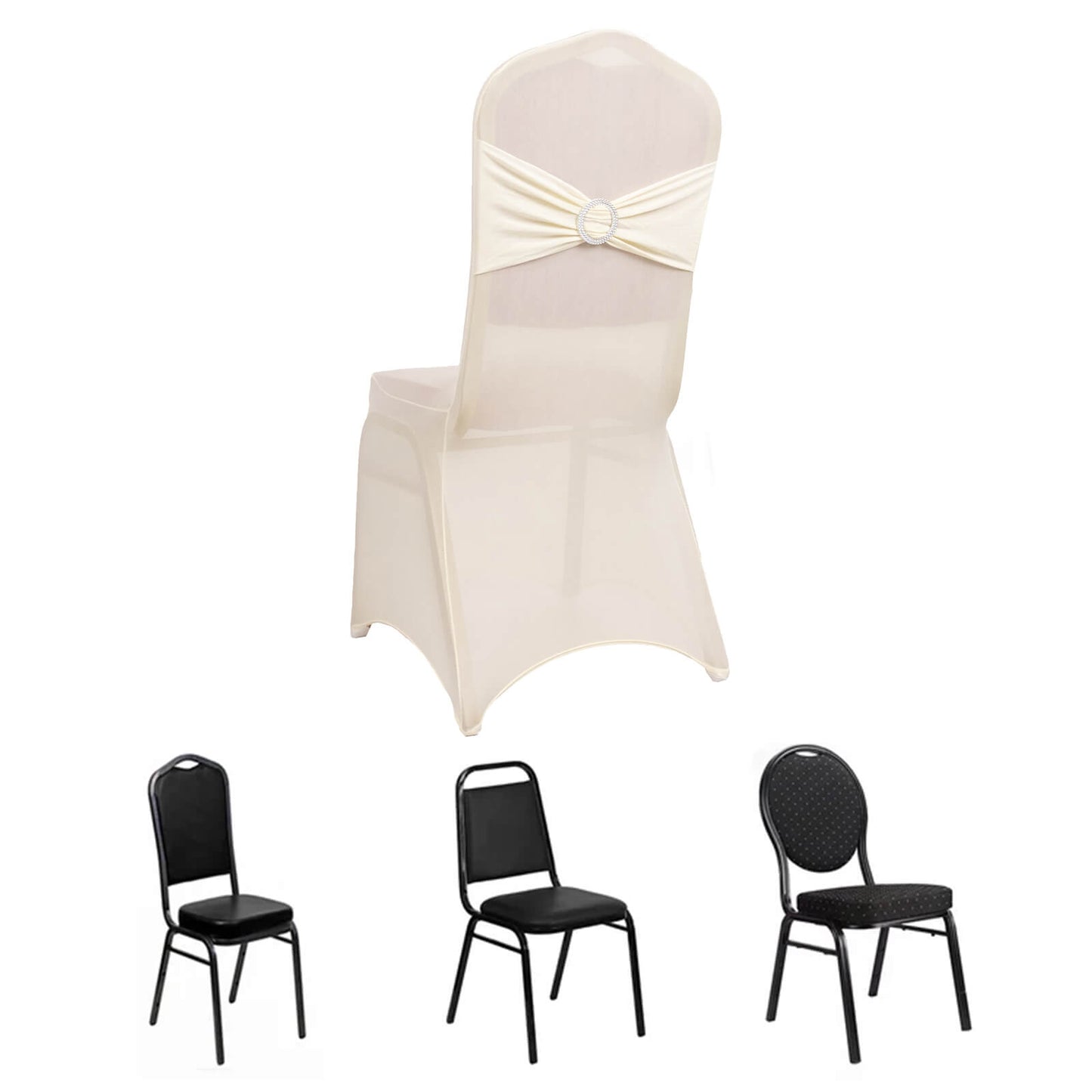 Ivory Spandex Banquet Chair Cover with Silver Rhinestone Buckled Sash Band, Stretched Fitted Slip On Chair Cover