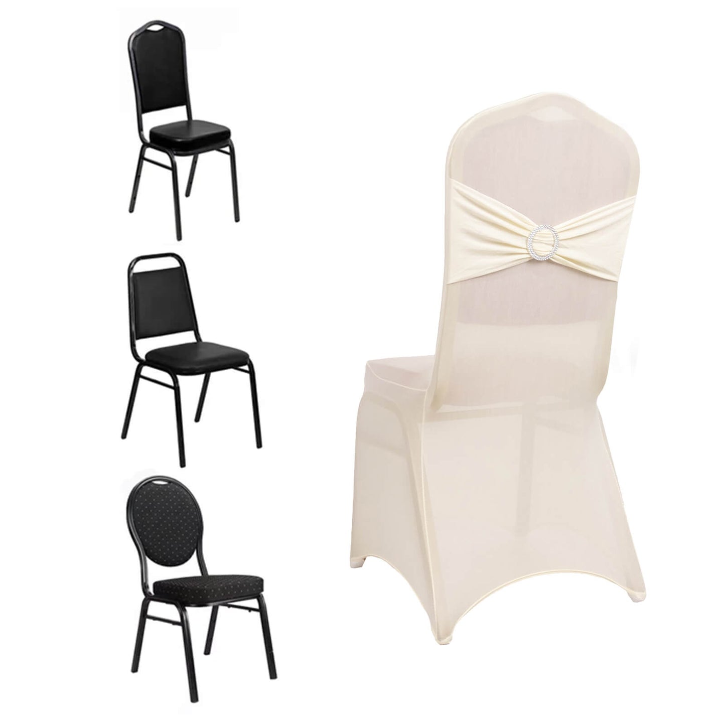 Ivory Spandex Banquet Chair Cover with Silver Rhinestone Buckled Sash Band, Stretched Fitted Slip On Chair Cover