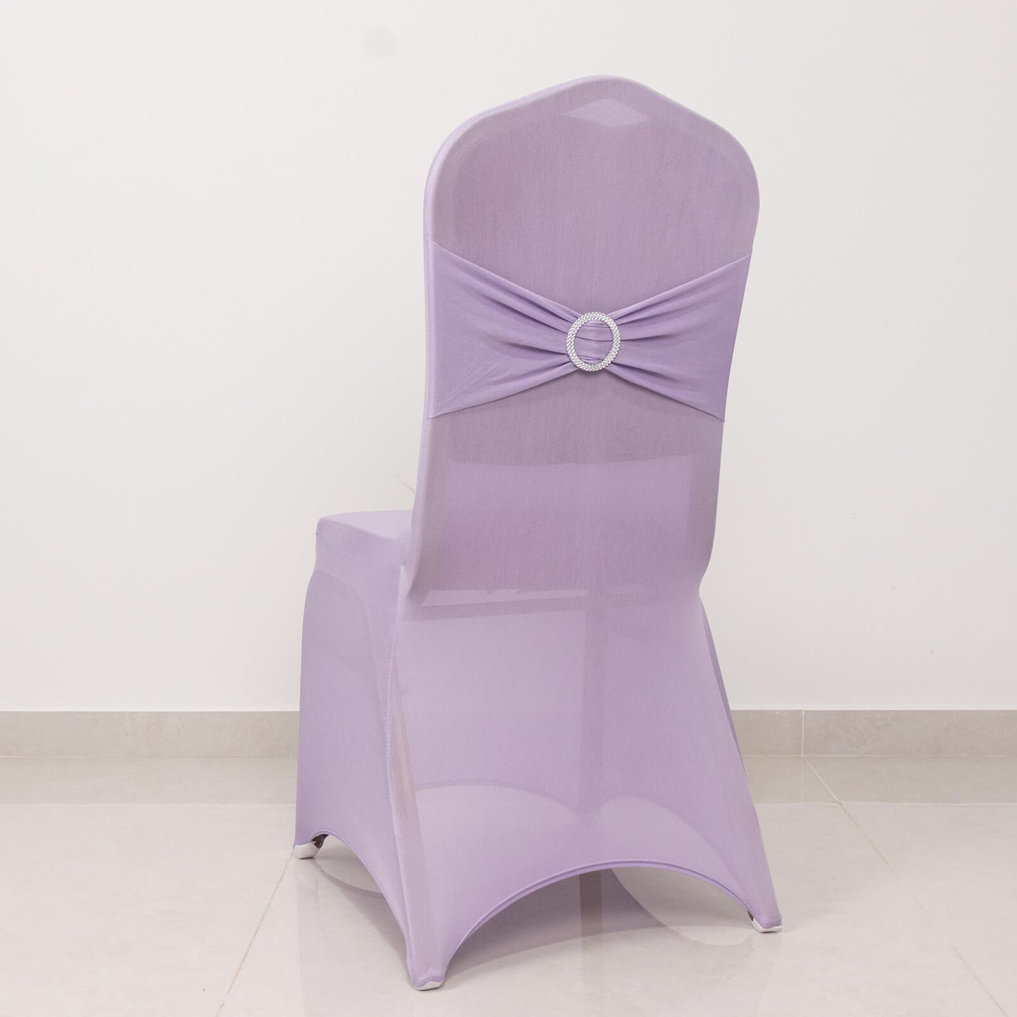 Lavender Lilac Spandex Banquet Chair Cover with Silver Rhinestone Buckled Sash Band, Stretched Fitted Slip On Chair Cover