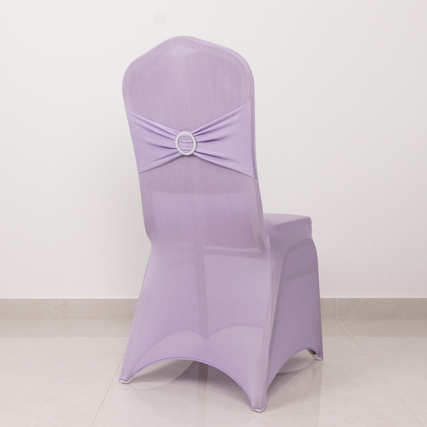 Lavender Lilac Spandex Banquet Chair Cover with Silver Rhinestone Buckled Sash Band, Stretched Fitted Slip On Chair Cover