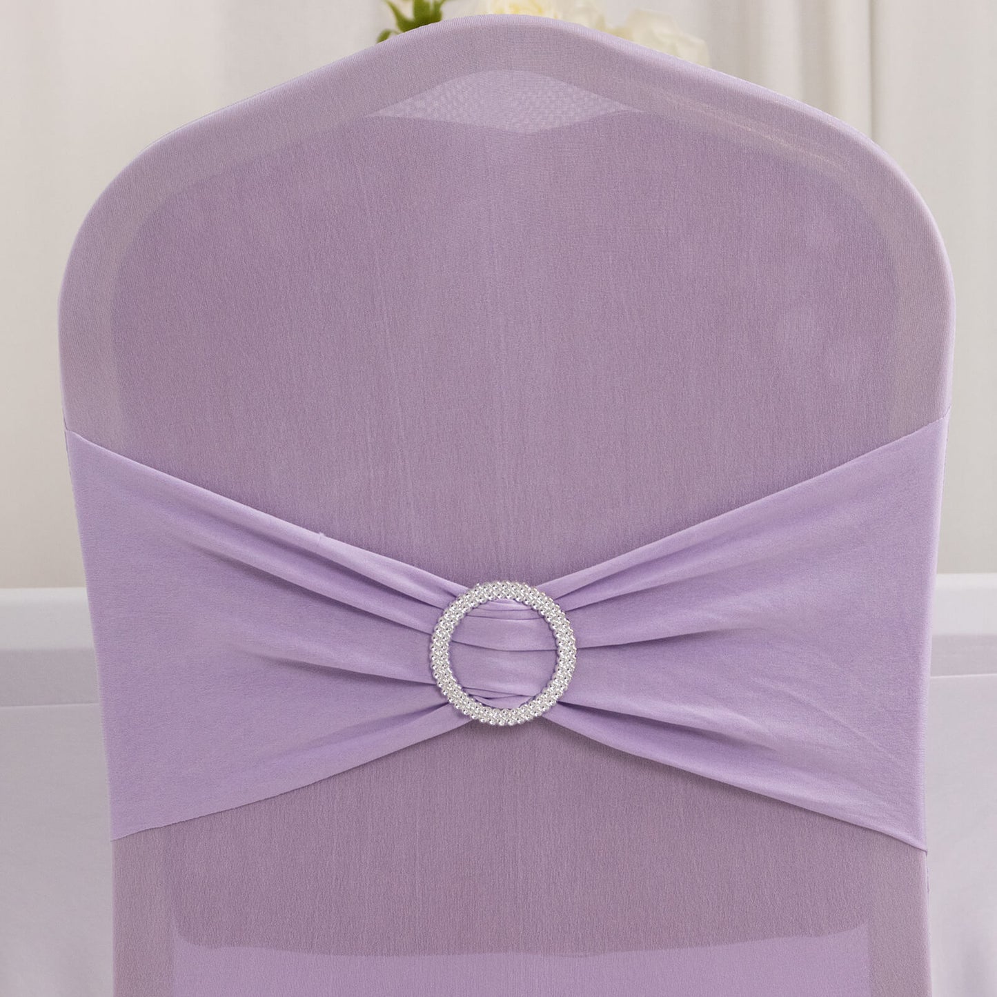 Lavender Lilac Spandex Banquet Chair Cover with Silver Rhinestone Buckled Sash Band, Stretched Fitted Slip On Chair Cover