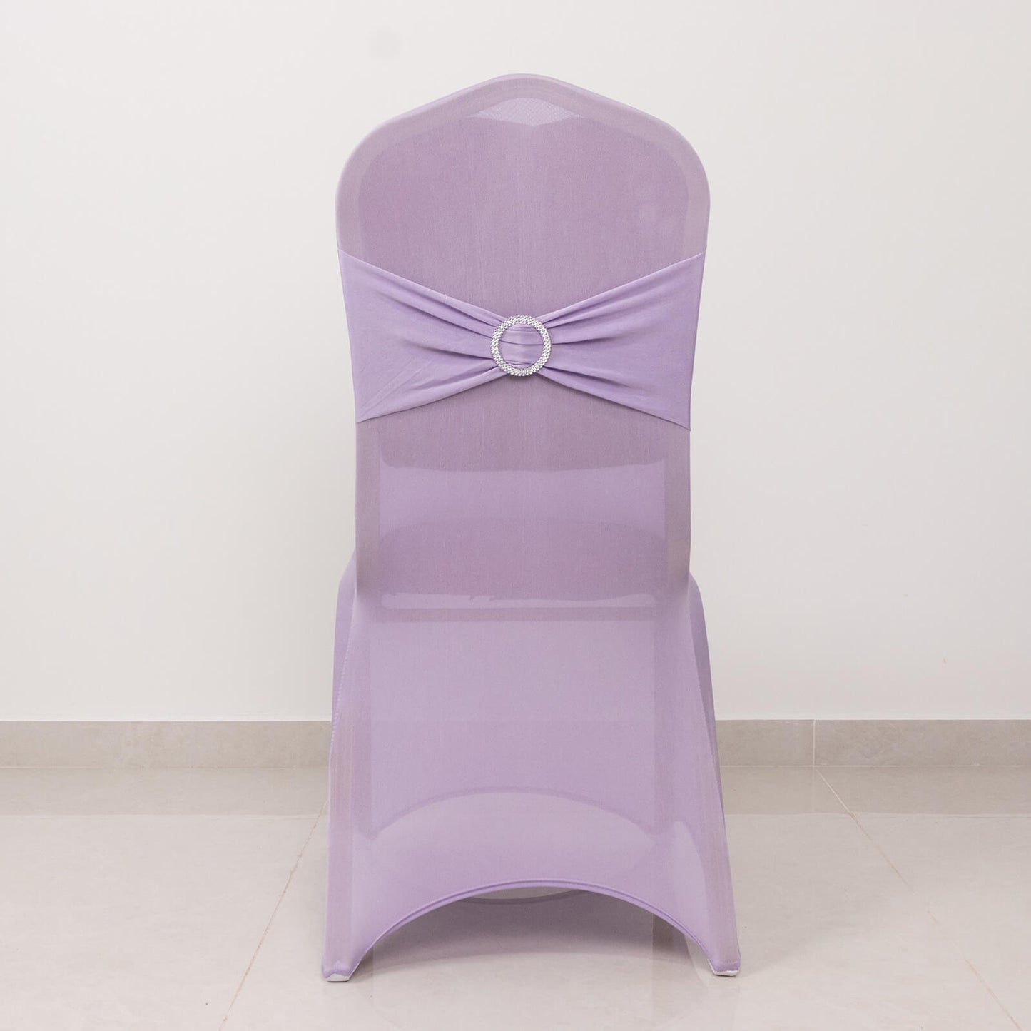 Lavender Lilac Spandex Banquet Chair Cover with Silver Rhinestone Buckled Sash Band, Stretched Fitted Slip On Chair Cover