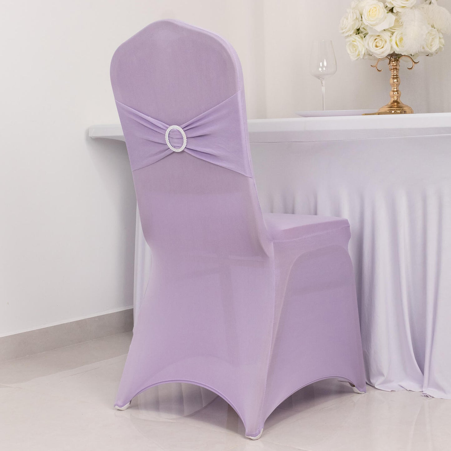 Lavender Lilac Spandex Banquet Chair Cover with Silver Rhinestone Buckled Sash Band, Stretched Fitted Slip On Chair Cover