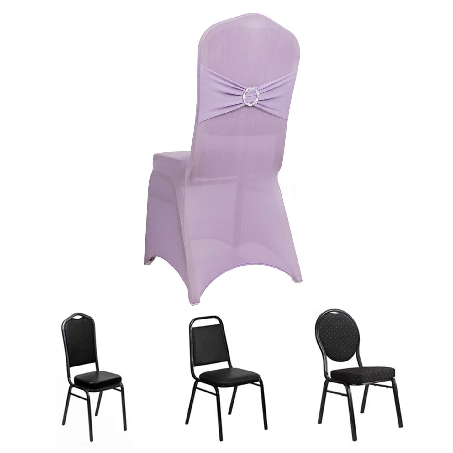 Lavender Lilac Spandex Banquet Chair Cover with Silver Rhinestone Buckled Sash Band, Stretched Fitted Slip On Chair Cover