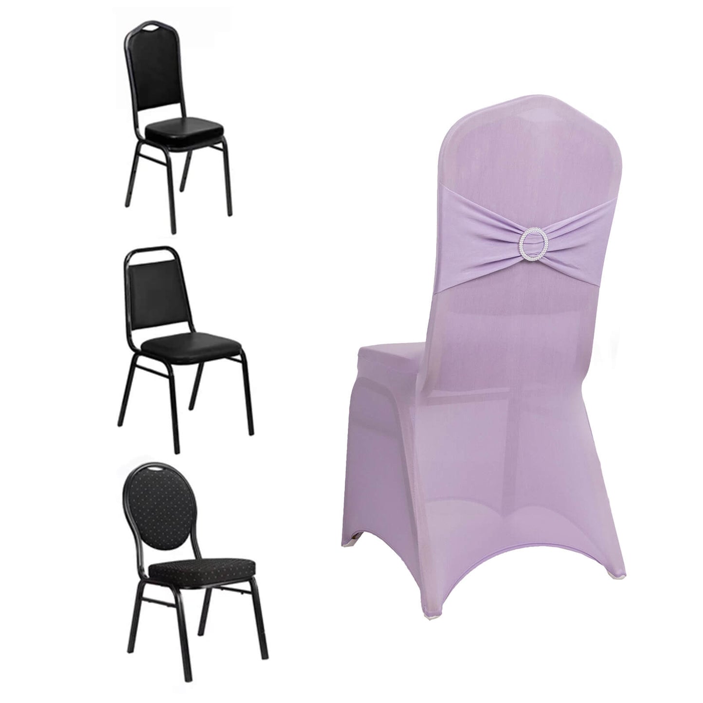 Lavender Lilac Spandex Banquet Chair Cover with Silver Rhinestone Buckled Sash Band, Stretched Fitted Slip On Chair Cover