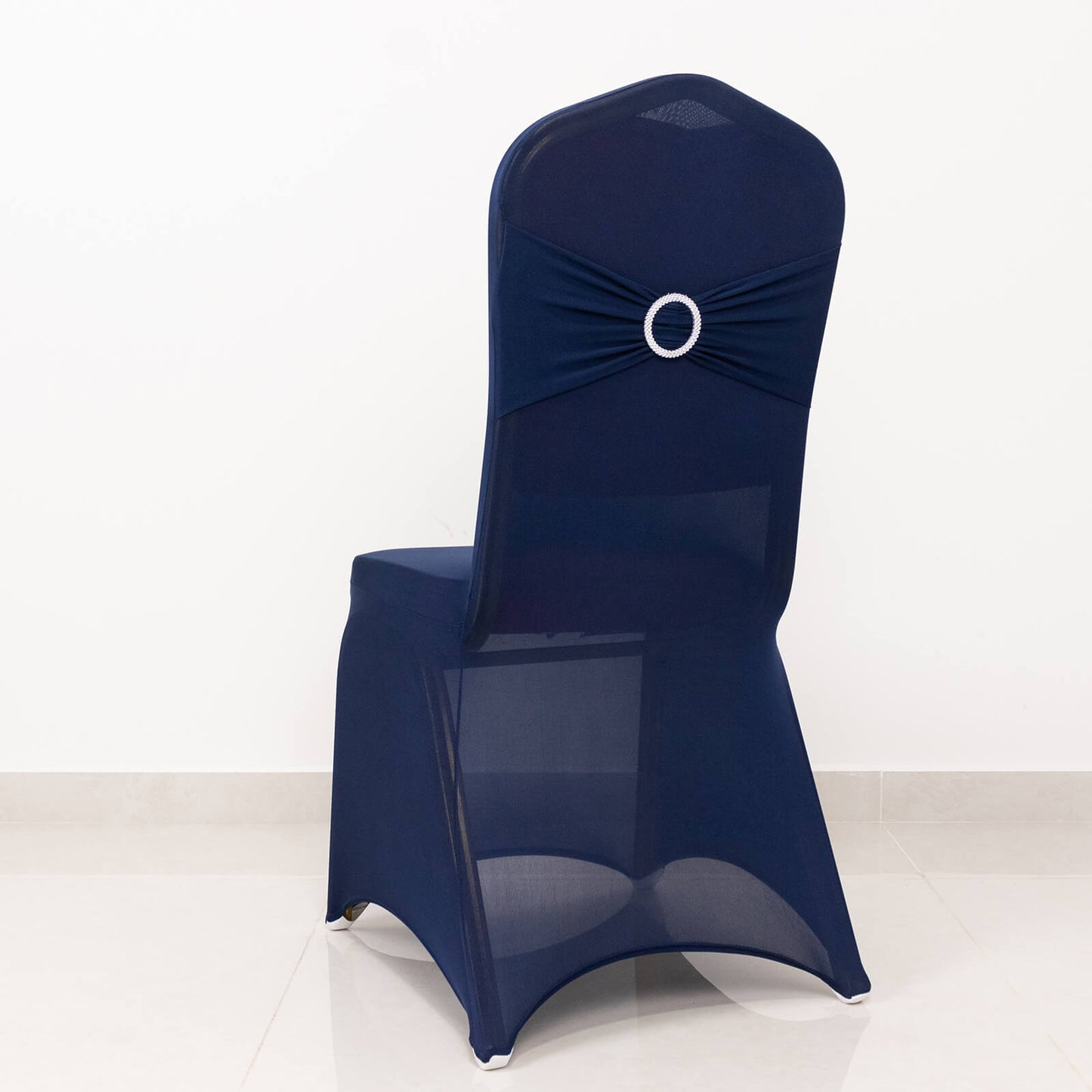 Navy Blue Spandex Banquet Chair Cover with Silver Rhinestone Buckled Sash Band, Stretched Fitted Slip On Chair Cover