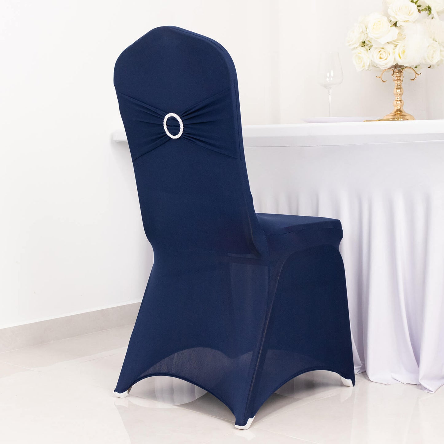 Navy Blue Spandex Banquet Chair Cover with Silver Rhinestone Buckled Sash Band, Stretched Fitted Slip On Chair Cover