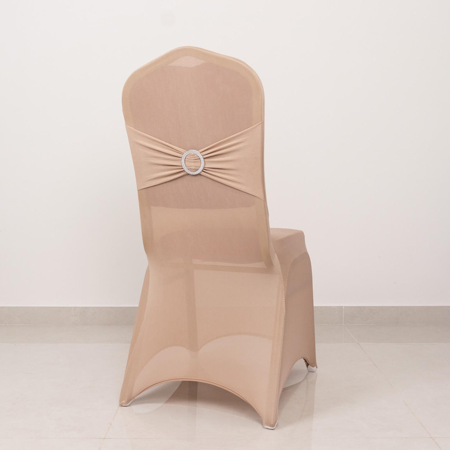 Nude Spandex Banquet Chair Cover with Silver Rhinestone Buckled Sash Band, Stretched Fitted Slip On Chair Cover