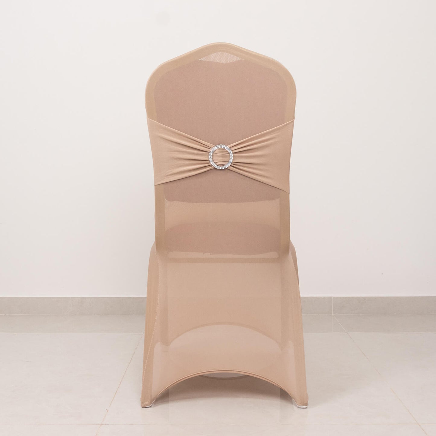 Nude Spandex Banquet Chair Cover with Silver Rhinestone Buckled Sash Band, Stretched Fitted Slip On Chair Cover