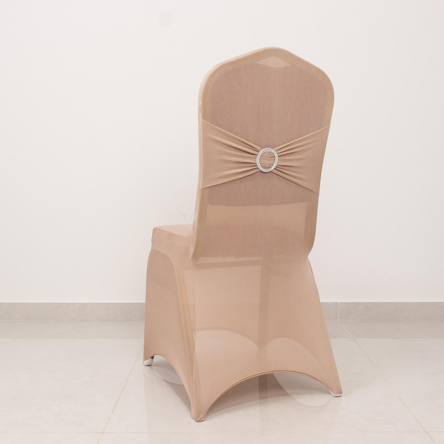 Nude Spandex Banquet Chair Cover with Silver Rhinestone Buckled Sash Band, Stretched Fitted Slip On Chair Cover