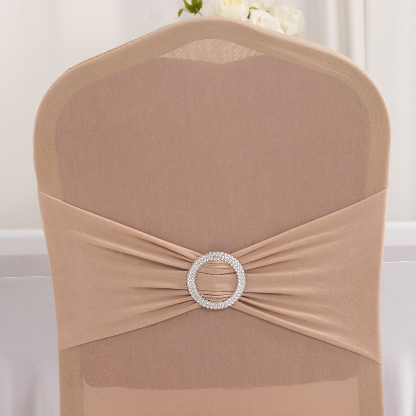 Nude Spandex Banquet Chair Cover with Silver Rhinestone Buckled Sash Band, Stretched Fitted Slip On Chair Cover