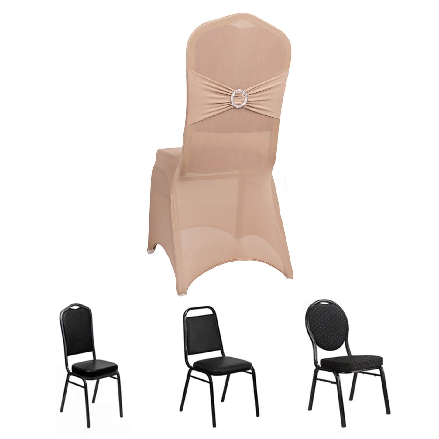 Nude Spandex Banquet Chair Cover with Silver Rhinestone Buckled Sash Band, Stretched Fitted Slip On Chair Cover