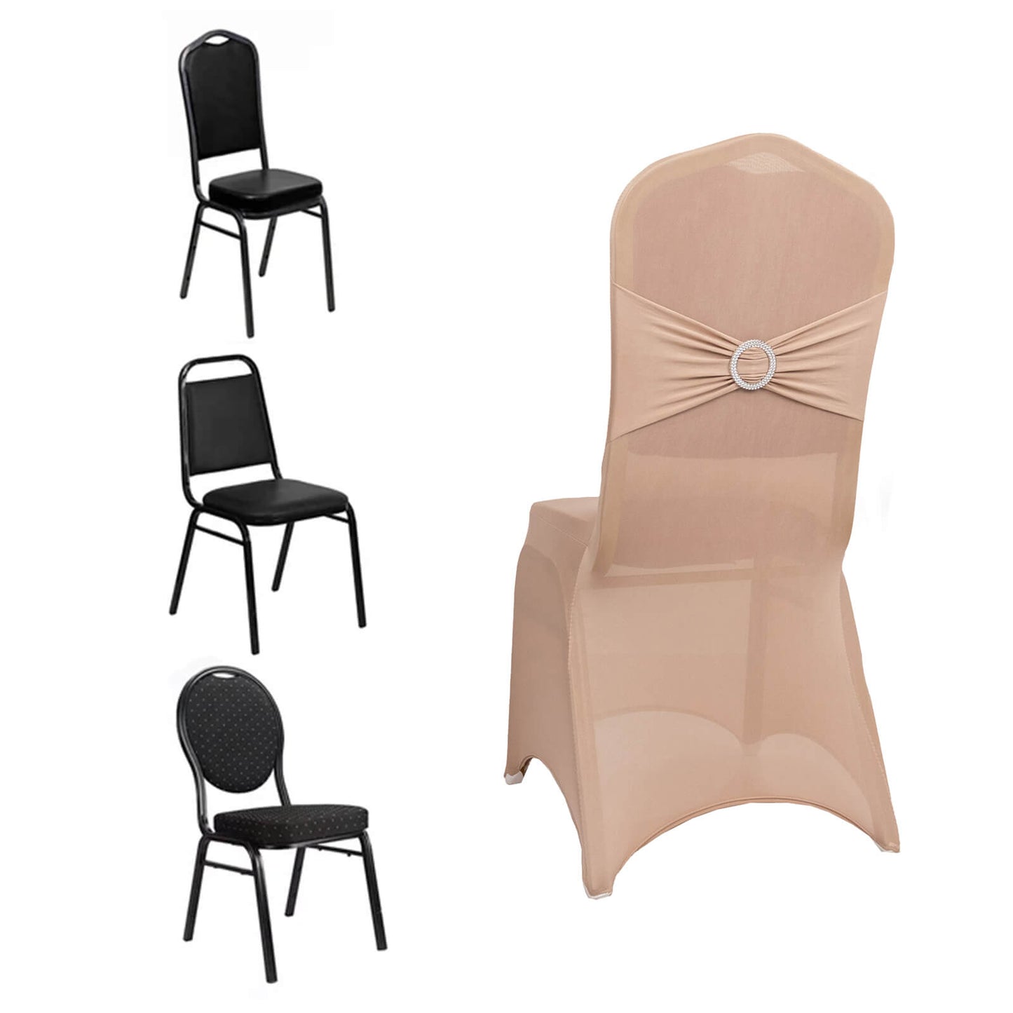 Nude Spandex Banquet Chair Cover with Silver Rhinestone Buckled Sash Band, Stretched Fitted Slip On Chair Cover