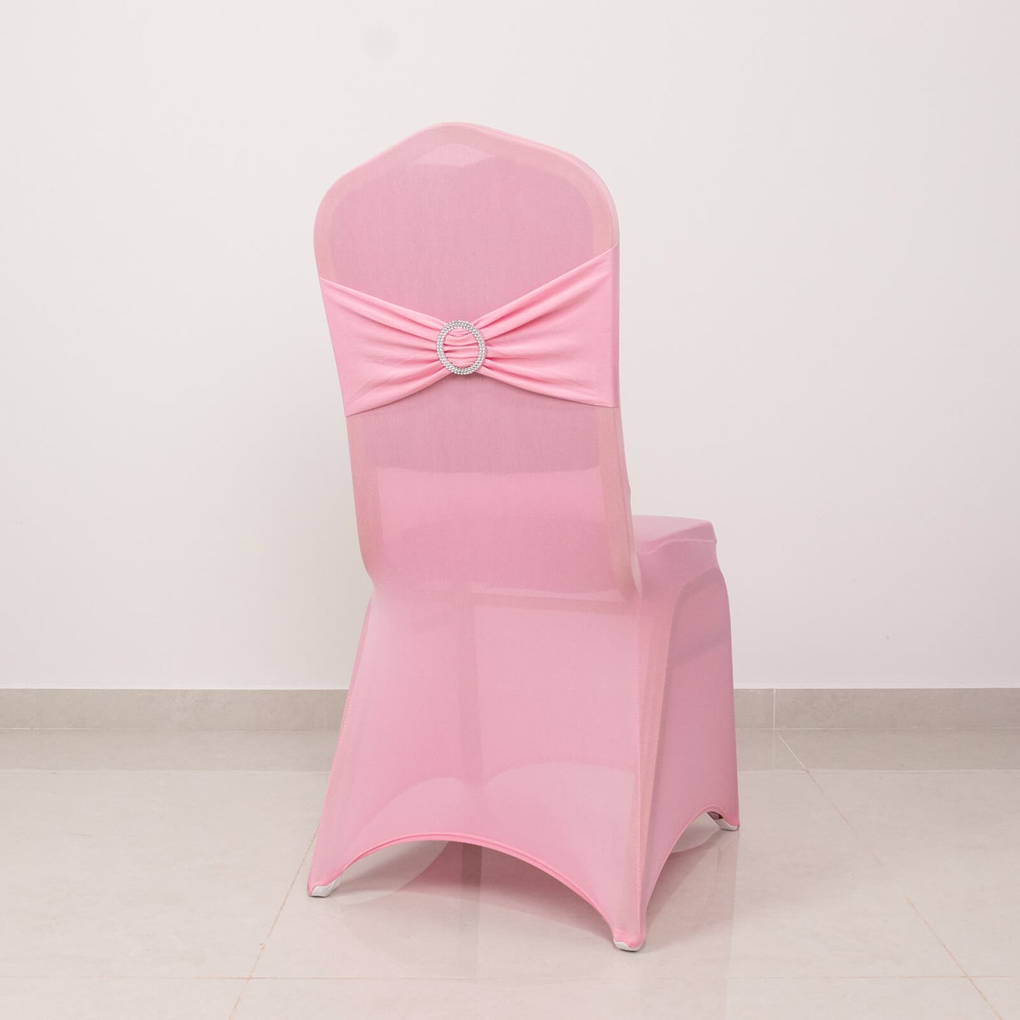 Pink Spandex Banquet Chair Cover with Silver Rhinestone Buckled Sash Band, Stretched Fitted Slip On Chair Cover