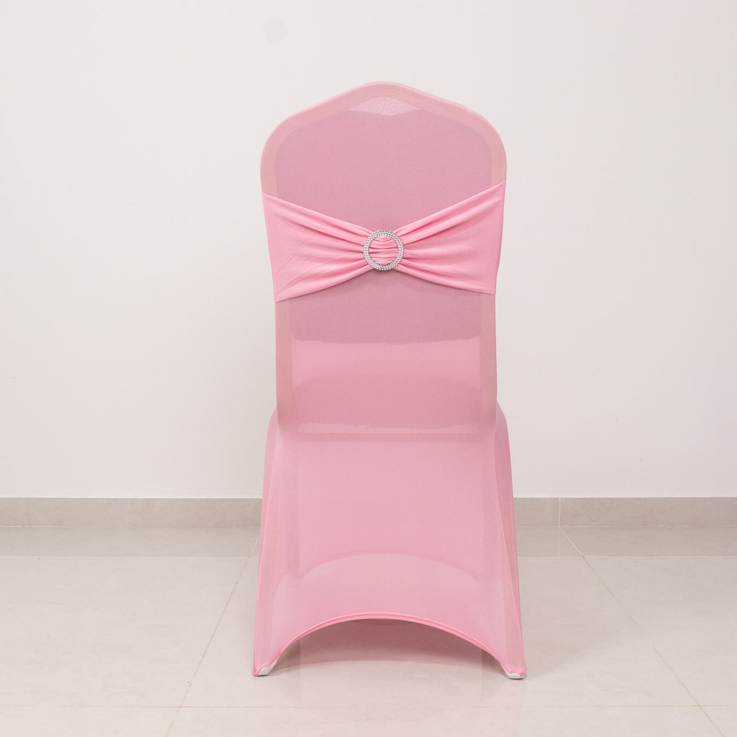 Pink Spandex Banquet Chair Cover with Silver Rhinestone Buckled Sash Band, Stretched Fitted Slip On Chair Cover