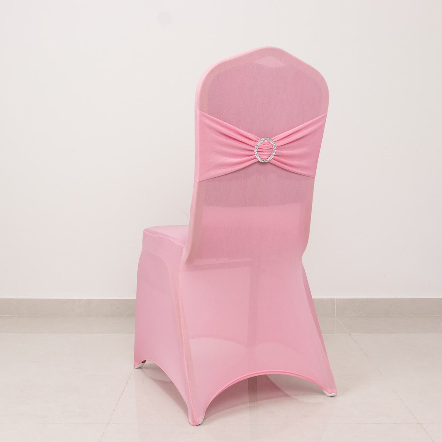 Pink Spandex Banquet Chair Cover with Silver Rhinestone Buckled Sash Band, Stretched Fitted Slip On Chair Cover