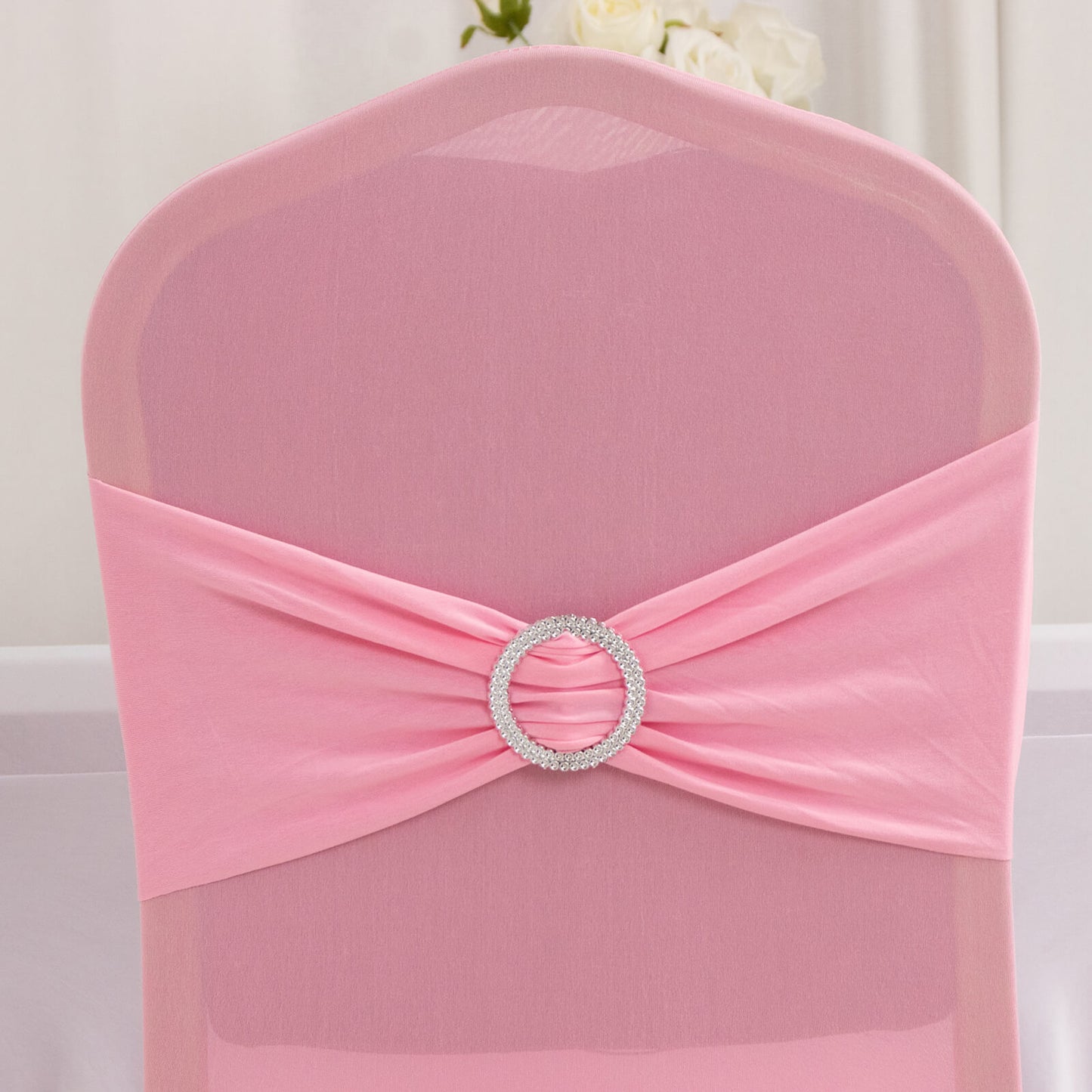 Pink Spandex Banquet Chair Cover with Silver Rhinestone Buckled Sash Band, Stretched Fitted Slip On Chair Cover