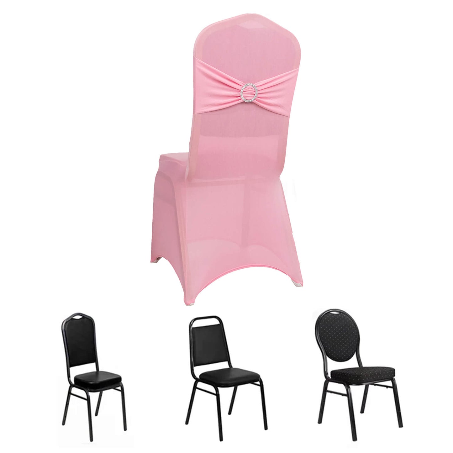 Pink Spandex Banquet Chair Cover with Silver Rhinestone Buckled Sash Band, Stretched Fitted Slip On Chair Cover