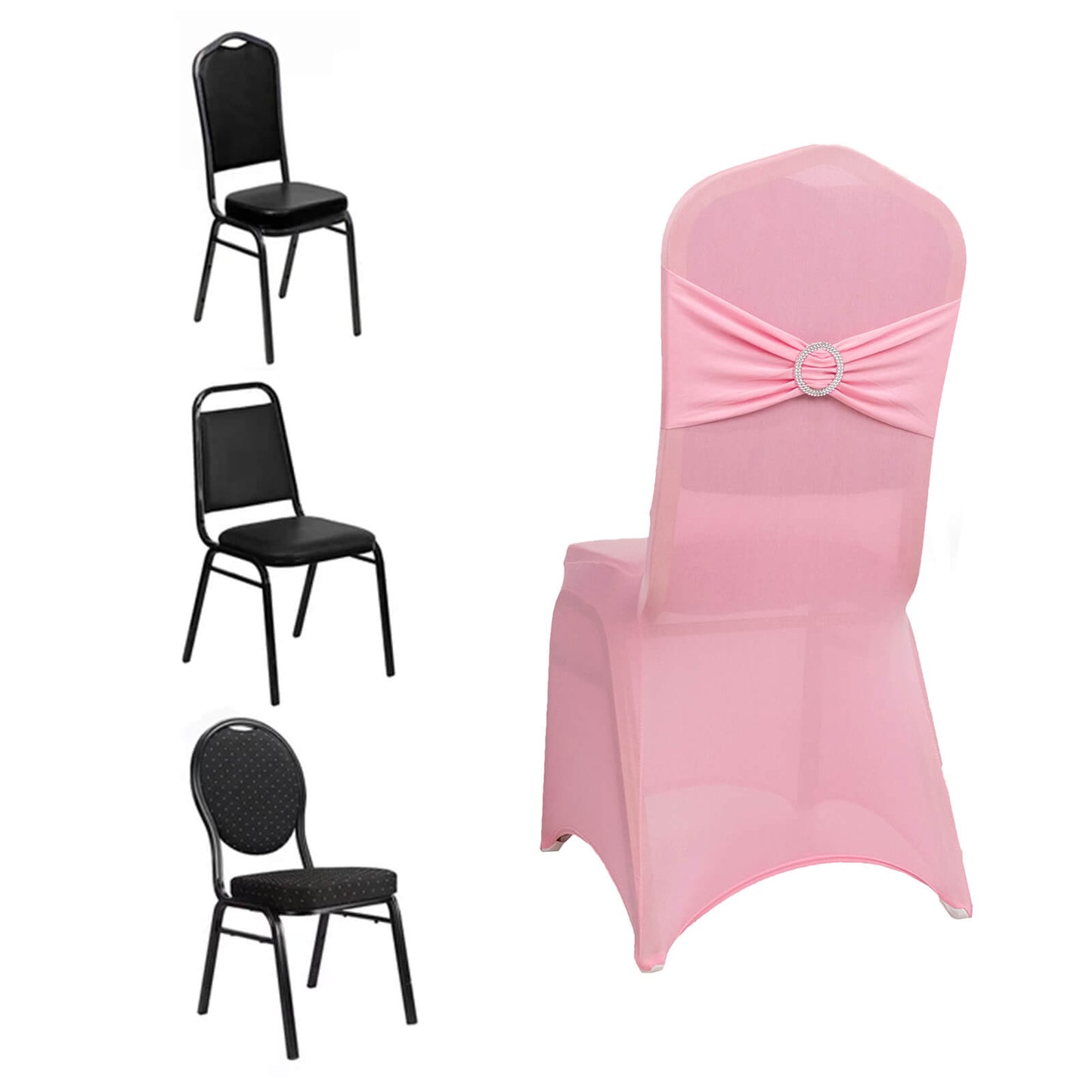 Pink Spandex Banquet Chair Cover with Silver Rhinestone Buckled Sash Band, Stretched Fitted Slip On Chair Cover