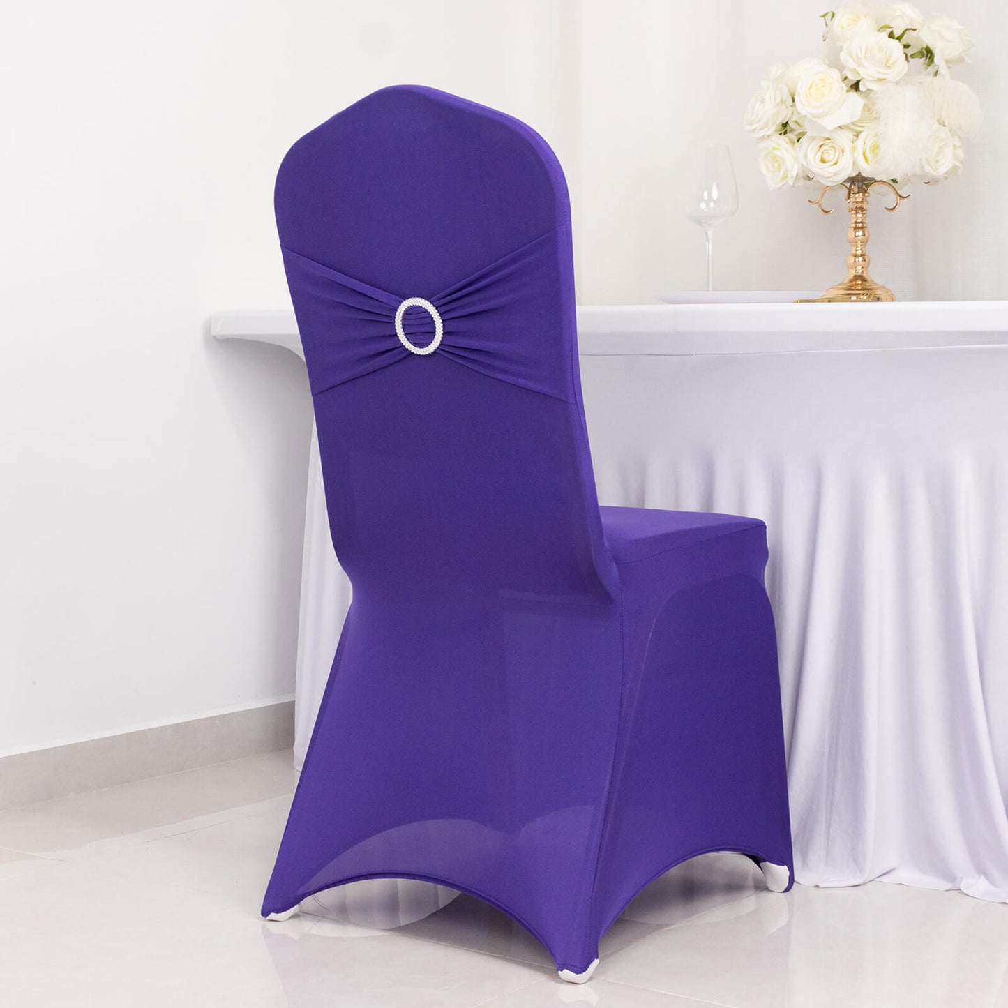 Purple Spandex Banquet Chair Cover with Silver Rhinestone Buckled Sash Band, Stretched Fitted Slip On Chair Cover