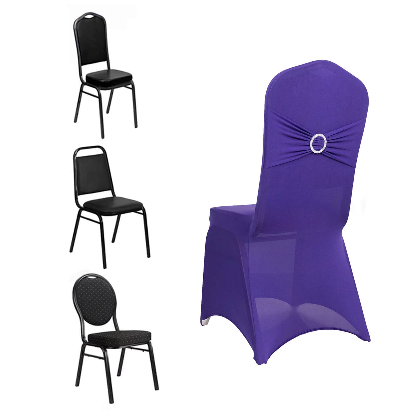 Purple Spandex Banquet Chair Cover with Silver Rhinestone Buckled Sash Band, Stretched Fitted Slip On Chair Cover
