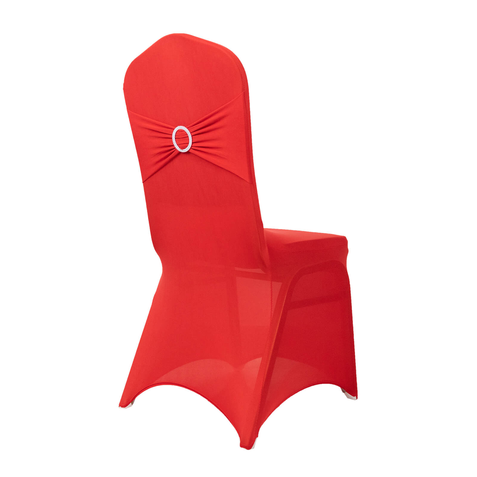 Red spandex chair cover with silver rhinestone sash band. #whtbkgd