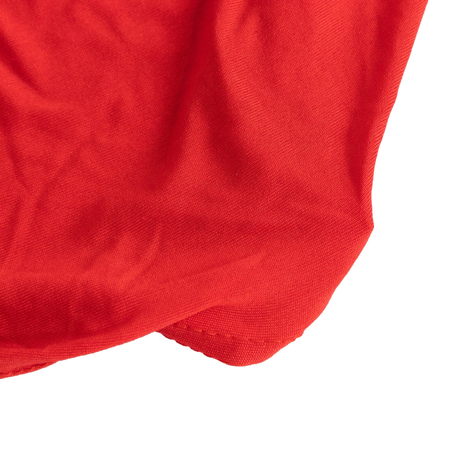 Red spandex banquet chair cover with silver rhinestone sash.