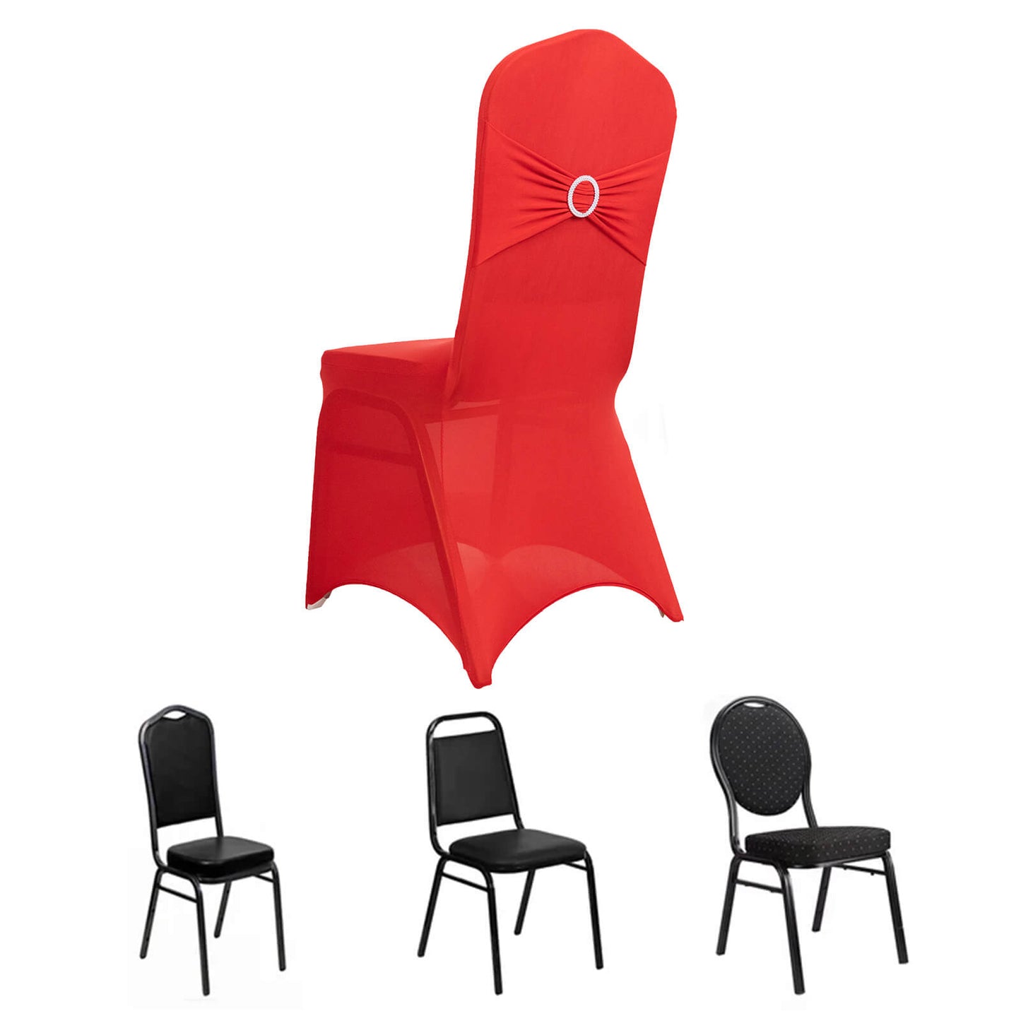 Red spandex banquet chair cover with silver rhinestone sash.