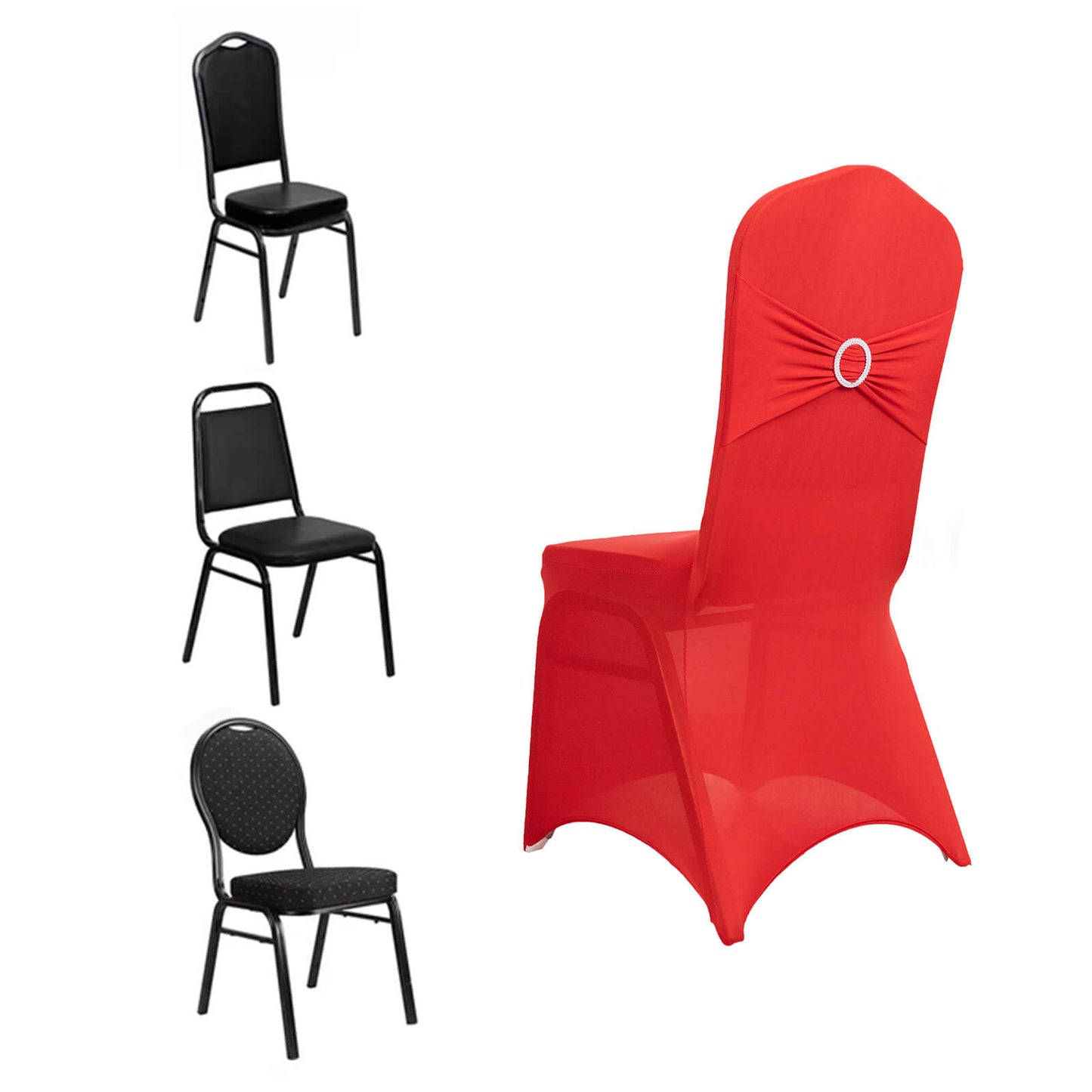 Red spandex banquet chair cover with rhinestone buckle.